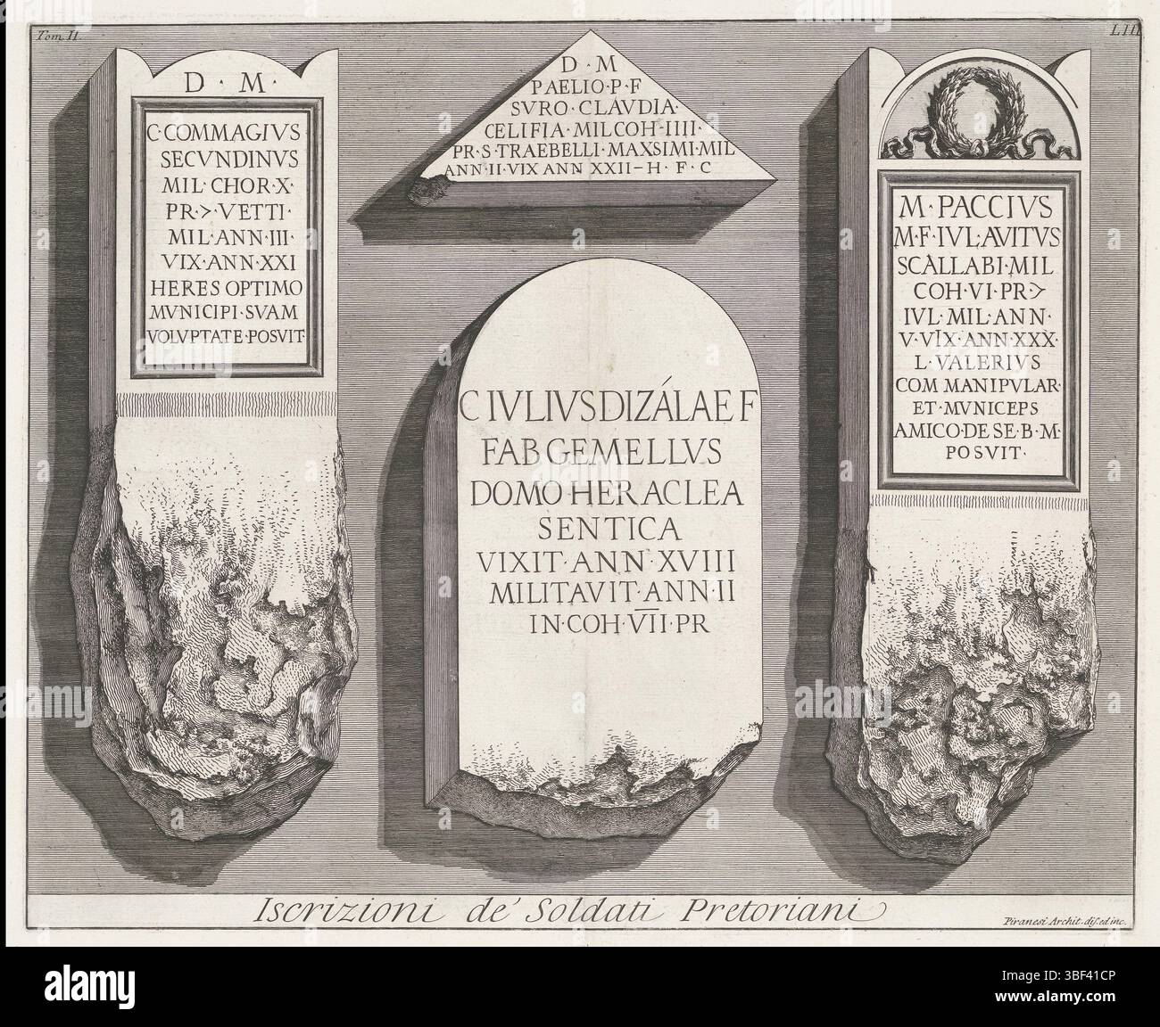 Rom, Piranesi, Giovanni Battista, Rom, Le Antichità Romane, archäologische Funde in und um Rom, Iscrizioni de' Soldati Pretoria, Inschriften der Praetorianischen Garde in der Villa de' Cinque gefunden, Verso - gestempelt, Inschriften der Praetorianischen Garde in der Villa de' Cinque gefunden. Titel in Rand. Oben nummeriert: Tom. II., LIII., Druck, Höhe 395 mm, Breite 482 mm, Italienisch, 1720-10-09, 1778-11-09, Druckerei, 1756-1757, Papier, Ätzen, Arbeitskonzeption, nach seinem eigenen Entwurf Stockfoto