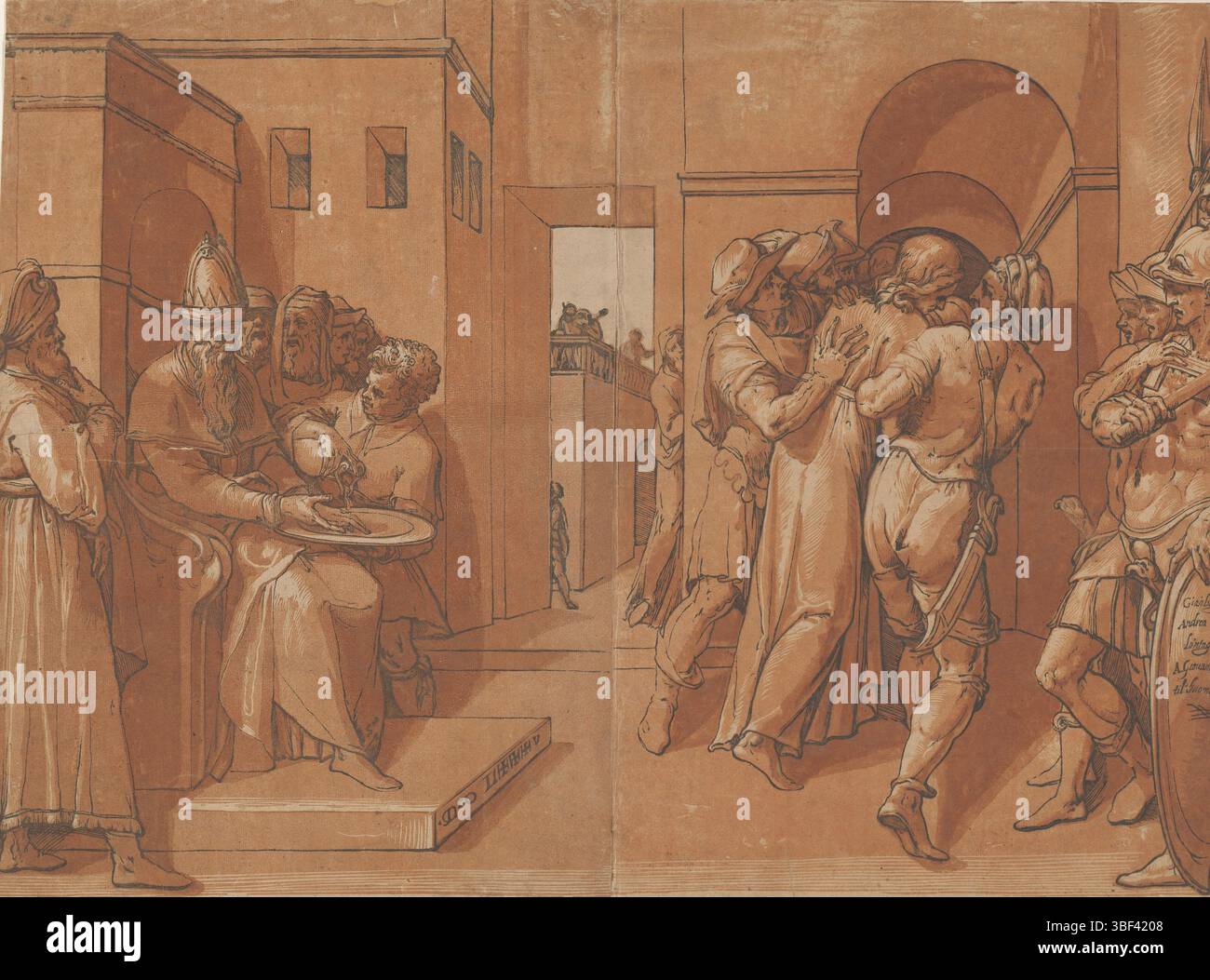 Giambologna, Italien, Andreani, Andrea, Pilatus wäscht seine Hände in Unschuld, Recto unten rechts - handgeschrieben in brauner Tinte, Pilatus sitzt auf seinem Thron und wäscht seine Hände in Unschuld. Christus wird weggetragen, um gekreuzigt zu werden., Druck, verso - gestempelt, verso - handgeschrieben in brauner Tinte, 1566, Höhe 427 mm, Breite 584 mm, Italienisch, 1559 - 1629, Druckerei, 1585 - 1585, Papier, clair-obskur-Holzschnitt, 1524 - 13.08.1608, in Bildern von Stockfoto