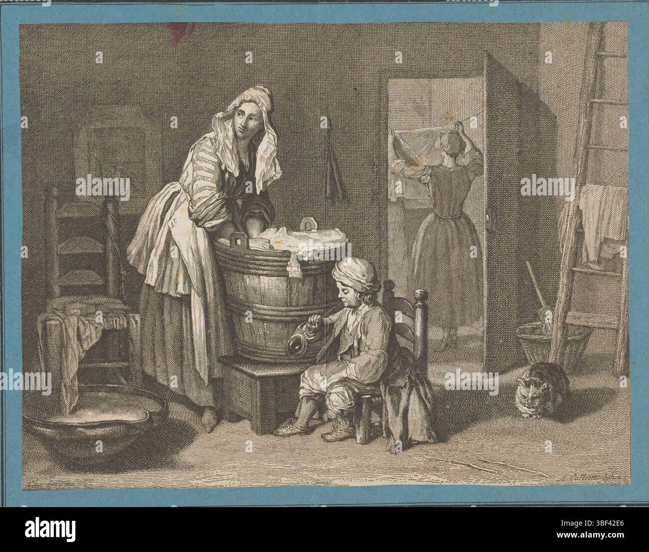 Paris, Chardin, Jean Baptiste Siméon, Paris, Collette, Alexandre, Innenraum mit Waschfrauen und blasenblasendem Kind, Druck, Höhe 293 mm, Breite 361 mm, Französisch, 1814 - 1876, Druckerei, 1836 - 1869, Papier, china collé, Lithographie (Technologie), 1699 - 12.1779, nach, nach dem Malen, Ausdruckserstellung Stockfoto