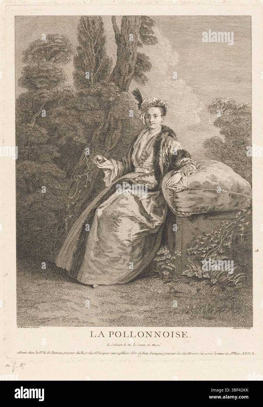 Paris, Surugue, Louis, Paris, Chéreau, Witwe Francois (I), Frankreich, Watteau, Jean Antoine, Aubert, Michel, La Pollonnoise, sitzende Frau mit einem Ball in der Hand, rückseitig - gestempelt, drucken, drucken, 283 mm, Breite 205 mm, 1700 - 1757, Printmaker, 1729 - 1755, Papier, Ätzen, Gravieren, Gravieren (Druckverfahren), Französisch, 1684-10-10-1721-18, nach, nach Malerei, Publikation (Ereignis), Publikation, - 1755-04-17, Verlag, 1686 - 1762-10-08, Verlag Stockfoto