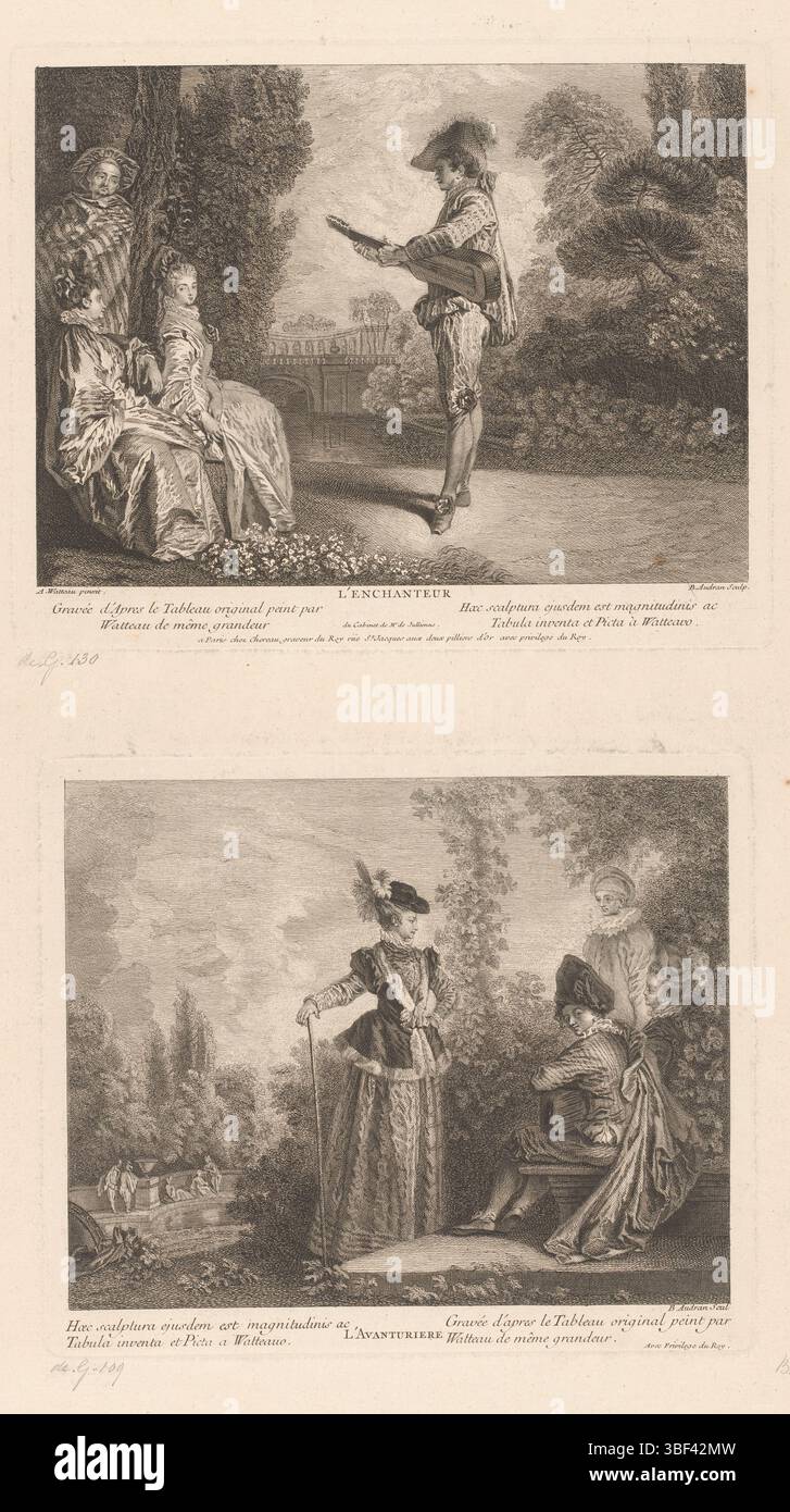 Französische Krone, Paris, Chéreau, Francois (I), Watteau, Jean Antoine, Frankreich, Audran, Benoît (II), L'avanturiere, Frau in Akimbo-Haltung und Pierrot, L'Enchanteur, Musiker und Pierrot, verso-gestempelt, zeigt die obere Platte einen Mann mit Hut, der für zwei sitzende Frauen spielt, und eine stehende Pierrot-Figur auf seinem Streichinstrument. Auf der unteren Platte befindet sich eine Frau in Akimbo-Haltung mit Gehstock und rechts ein sitzendes Paar und eine stehende Pierrot-Figur. Beide Szenen finden im Freien statt., Druck, Höhe 215 mm, Breite 270 mm, Höhe 212 mm, Breite 252 mm, 1698 - 1772-01-09, Drucker Stockfoto