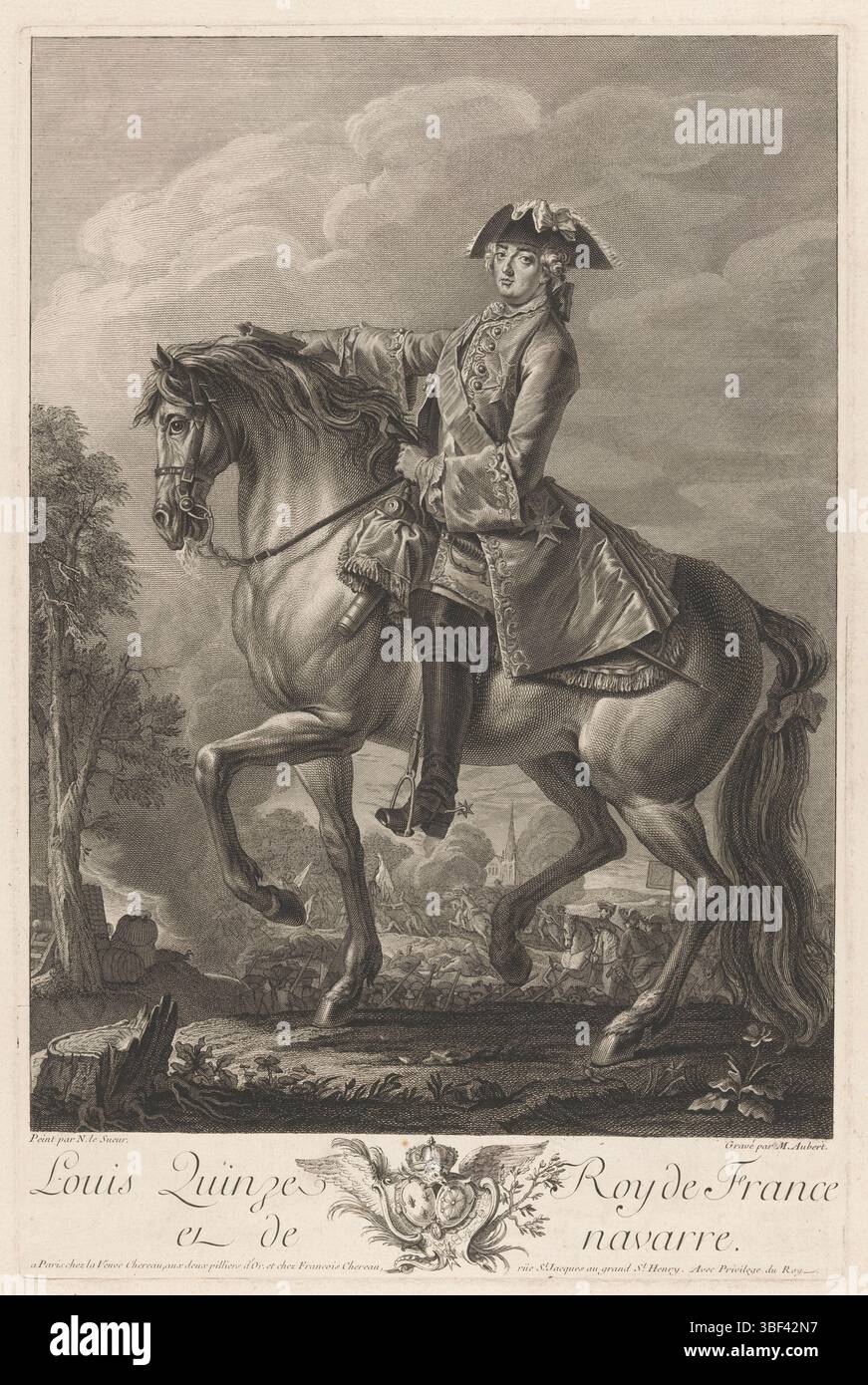 Paris, Louis XV (König von Frankreich), Paris, Chéreau, Francois (II), Witwe Francois (I), Frankreich, Lesueur, Nicolas, Aubert, Michel, Louis Quinze Roy de France et de navarre, Ruiterportret van Louis XV, König von Frankreich und Navarra, rückseitig gestempelt, Druck, 485 mm, Breite 320 mm, 1700 - 1757, Druckmaschine, 1715 - 1755, Papier, Ätzen, Gravur, Gravur (Druckverfahren), 1691 - 1764, danach, durch Malerei, Publikation (Ereignis), Publikation, - 1755-04-17, Verlag, Verlagswesen, Französisch, 17177-0-03-30 - 21.02.1755, 15.02.1710 - 1774-05-10, Empf. Stockfoto