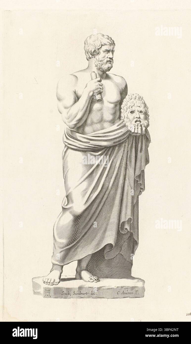 Sandrart, Joachim von, Frankreich, Audran, Charles, ein alter Mann mit Maske und Banderol, verso gestempelt, möglicherweise Dramatiker Sophokles oder Euripides oder jede andere Figur aus der Antike ist in diesem Druck dargestellt. Unten rechts nummeriert 108., bedruckt, Höhe 369 mm, Breite 230 mm, 1594 - 1674, Druckerei, 1604 - 1674, Papier, Gravur, Gravur (Druckverfahren), 12.05.1606, 14.10.1688, mittlerer Draggtsmann Stockfoto Sandrart, Joachim von, Frankreich, Audran, Charles, ein alter Mann mit Maske und Banderol, verso gestempelt, möglicherweise Dramatiker Sophokles oder Euripides oder jede andere Figur aus der Antike ist in diesem Druck dargestellt. Unten rechts nummeriert 108., bedruckt, Höhe 369 mm, Breite 230 mm, 1594 - 1674, Druckerei, 1604 - 1674, Papier, Gravur, Gravur (Druckverfahren), 12.05.1606, 14.10.1688, mittlerer Draggtsmann Stockfoto
