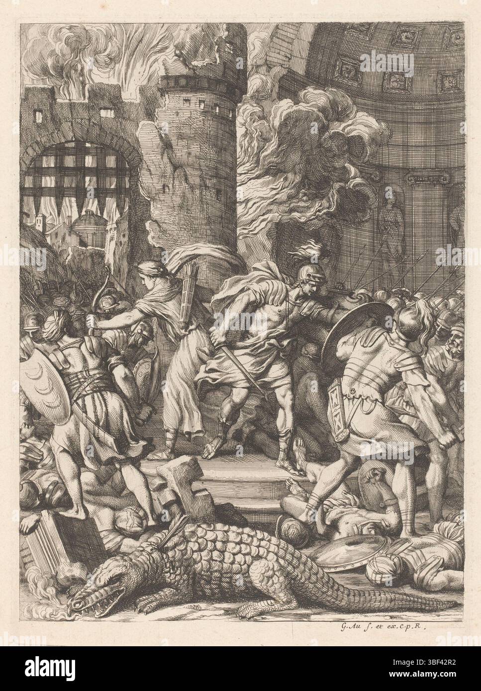 Französische Krone, Audran, Gérard, Frankreich, Mars und Bellona während der Aufnahme von Alexandria, rückseitig geprägt, Druck, Höhe 293 mm, Breite 213 mm, 1640 - 1703-07-26, Druckmaschine, 1650 - 1703, Papier, Ätzen, Publikation (Ereignis), Publikation, Herausgeber, Provider of Privilege Stockfoto