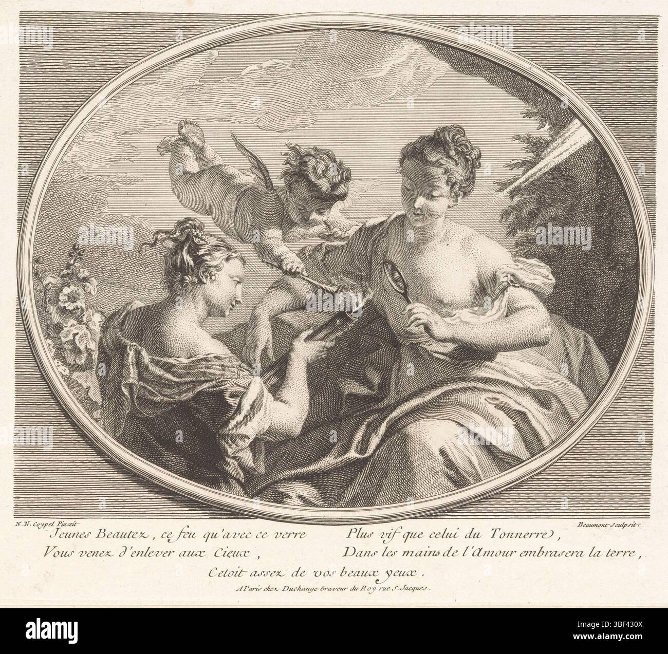 Paris, Duchange, Gaspard, Coypel, Noël-Nicolas, Frankreich, Beaumont, Pierre Francois, Jeunes Beautz, ce feu qu'avec ce vere Plus vif que celui du Tonnerre, allegorische Darstellung über den Ursprung des Feuers, Paris, rückseitig - geprägt, Druck, 228 mm, Breite 259 mm, 1719 - 1769, Printmaker, 1729 - 1757, Papier, Ätzen, Gravieren, Gravieren (Druckverfahren), Französisch, 1690-11-17 - 1734-12-14, nach, nach Malerei, Publikation (Ereignis), Publikation, 1662-04 - 1757-06, Herausgeber Stockfoto