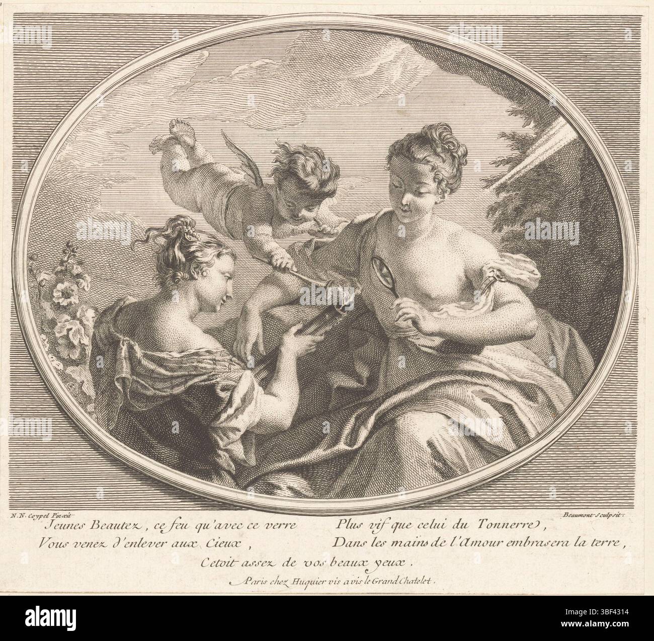Paris, Huquier, Gabriel, Coypel, Noël-Nicolas, France, Beaumont, Pierre Francois, Jeunes Beautz, ce feu qu'avec ce vere Plus vif que celui du Tonnerre, allegorische Darstellung über den Ursprung des Feuers, Paris, verso - gestempelt, Druck, 225 mm, Breite 248 mm, 1719 - 1769, Printmaker, 1729 - 1769, Papier, Ätzen, Gravieren, Gravieren (Druckverfahren), Französisch, 1690-11-17-17-17-17-17-1734-12-14, nach, nach Malerei, Publikation (Ereignis), Publikation, 1695 - 1772-06-11, Herausgeber Stockfoto