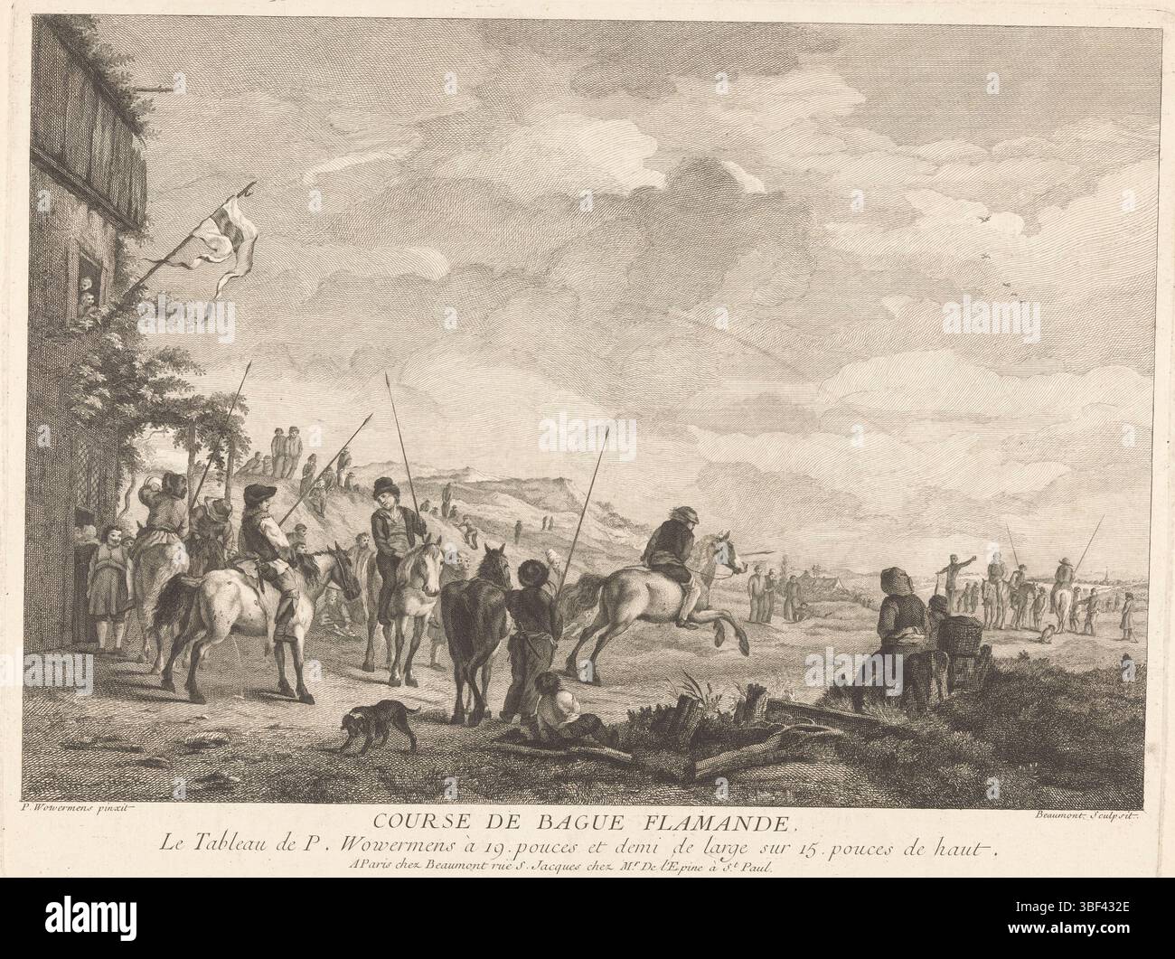 Paris, Beaumont, Pierre Francois, Wouwerman, Pieter, Philips, Pouwels Joostsz., Frankreich, Course de bague flamande., Ringstoppenpel in Vlaanderen, Paris, Druck, Höhe 349 mm, Breite 459 mm, 1719 - 1769, Printmaker, 1729 - 1769, Papier, Ätzen, Gravieren, Gravieren (Druckverfahren), Niederländisch, 1586 - 1642-09-26, nach, Malerei von, Nordholland, 24.05.1619 - 19.05.1668, Malerei, 13.09.2013 1623 - 1682-05-09, zur Malerei, Publikation (Veranstaltung), Publikation, Verlag Stockfoto