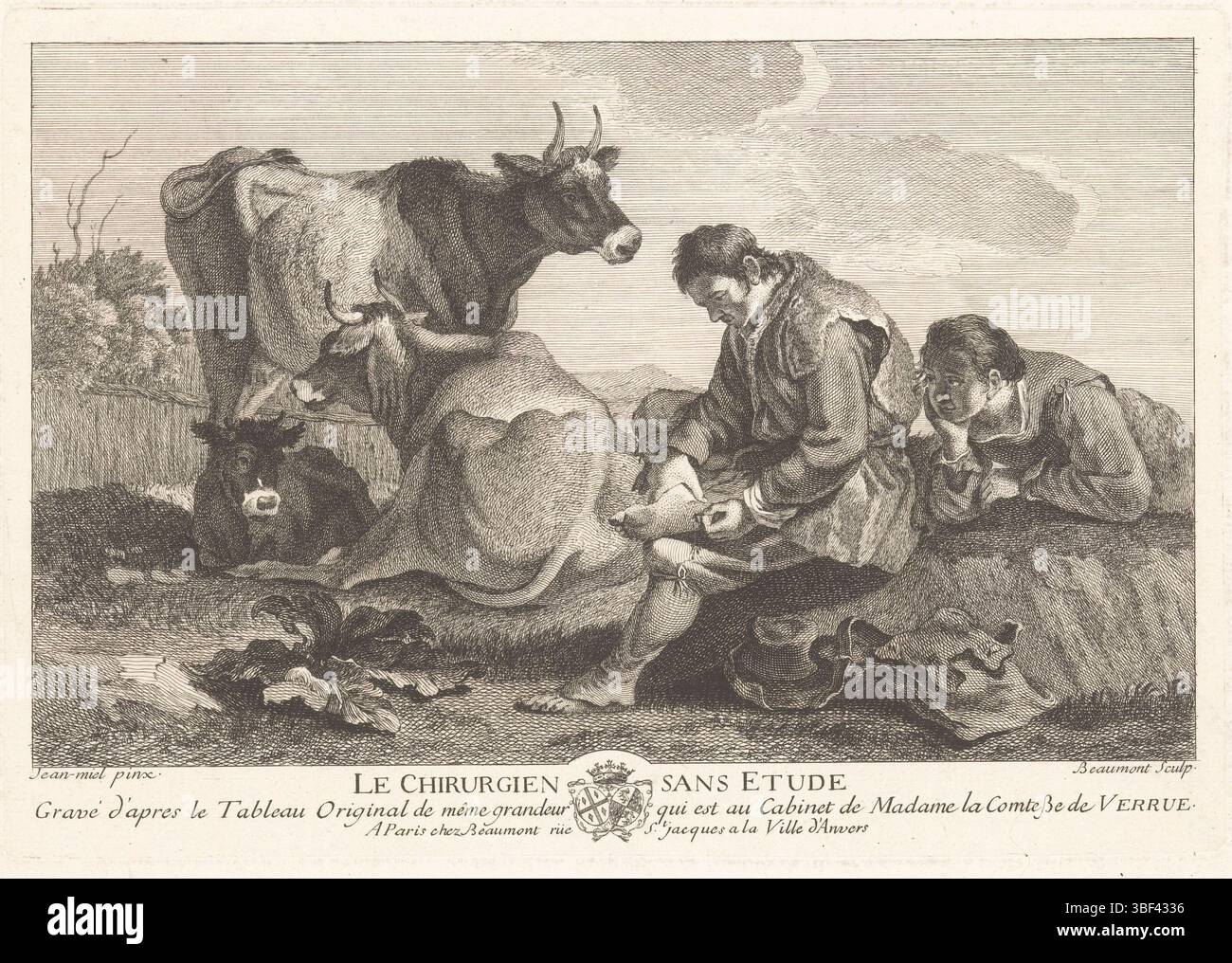 Paris, Beaumont, Pierre Francois, Miel, Jan, Frankreich, Le chirien sans etude, Hirten mit Kühen, Paris, verso - gestempelt, gedruckt, drucken, Ausdrucke, Höhe 174 mm, Breite 253 mm, 1719 - 1769, Printmaker, 1729 - 1769, Papier, Ätzen, Südholland, 1599 - 1663-04-03, nach, nach Malerei, Publikation (Ereignis), Publikation, Herausgeber Stockfoto