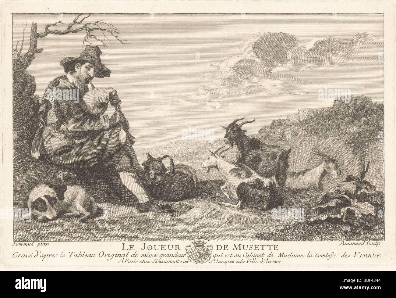 Paris, Beaumont, Pierre Francois, Miel, Jan, Frankreich, Le Joueur de Musette, Handtaschenspieler mit Ziegen, Paris, Verso - gestempelt, gedruckt, gedruckt, Ausdrucke, Höhe 170 mm, Breite 256 mm, 1719 - 1769, Printmaker, 1729 - 1769, Papier, Ätzen, Südholland, 1599 - 1663-04-03, nach, nach dem Malen, Publikation (Ereignis), Publikation, Verlag Stockfoto