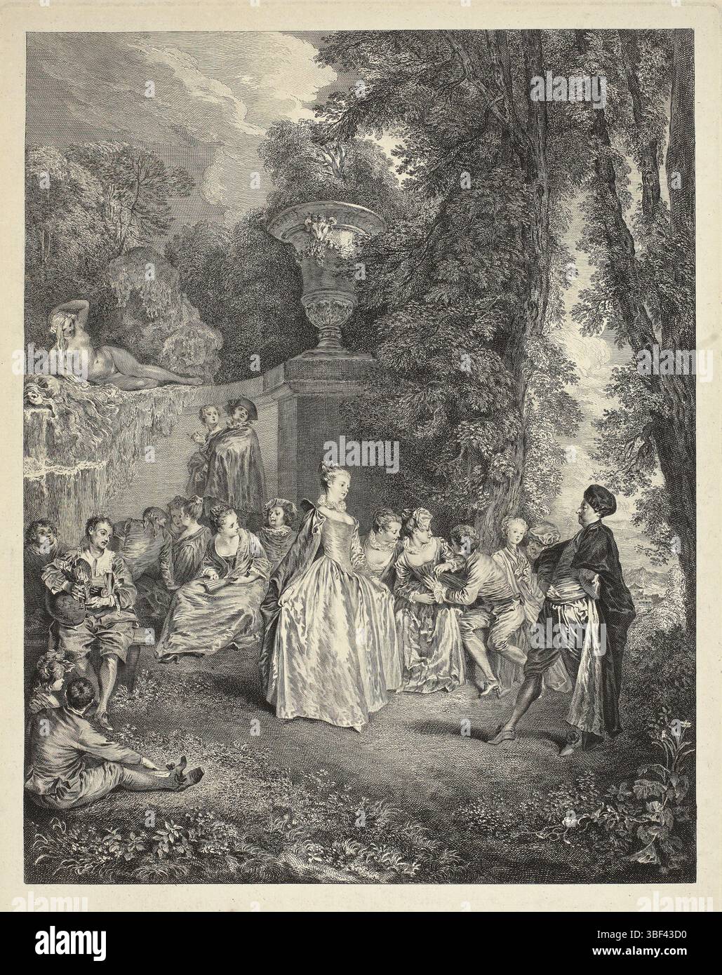 Paris, Chereau, Veuve, Frankreich, Watteau, Jean Antoine, Cars, Laurent, L'oeuvre d'Antoine Watteau, oeuvre van Antoine Watteau, Fêtes Vénitiennes, Firma Galant in einem Garten, Paris, verso - gestempelt, Druck, Höhe 500 mm, Breite 372 mm, Französisch, 1699-05-28-1771-04-14, Druckmaschine, 1732-1732, Papier, Ätzen, Gravieren, Gravieren (Druckverfahren), gepunktet, 10. 10. 1684. 07. 1721, nach, nach Malerei, Veröffentlichung (Veranstaltung), Veröffentlichung, Herausgeber Stockfoto