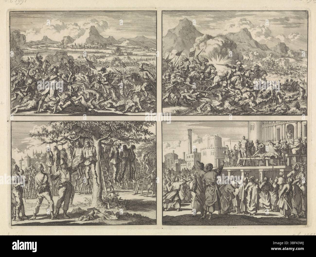 Amsterdam, Luyken, Jan, Kaiserliche Armee besiegt von den Franzosen bei Mázia in Valtellina und in Etsch gejagt, 1635, Pappenheim besiegte die wiederauferstandenen Bauern in Österreich bei Linz an der Donau, 1626, Gefangennahme Bauern in Hasingen durch die Schweden an einem Baum gehängt, 1633, Sultan Murat IV Schnitt zwei Männern Arme und Beine ab, weil sie geraucht hatten, ca. 1630, Amsterdam, verso - gestempelt, ungeschnitten, ungeschnittenes Blatt mit vier Drucke Blätter., 223 mm, 308 mm, Höhe, Nord-Nord-Niederlande, mm, mm 16. April 1649 - 05.04.1712, Druckerei, 1698 - 1698, Papier, Ätzen, Ätzen Stockfoto