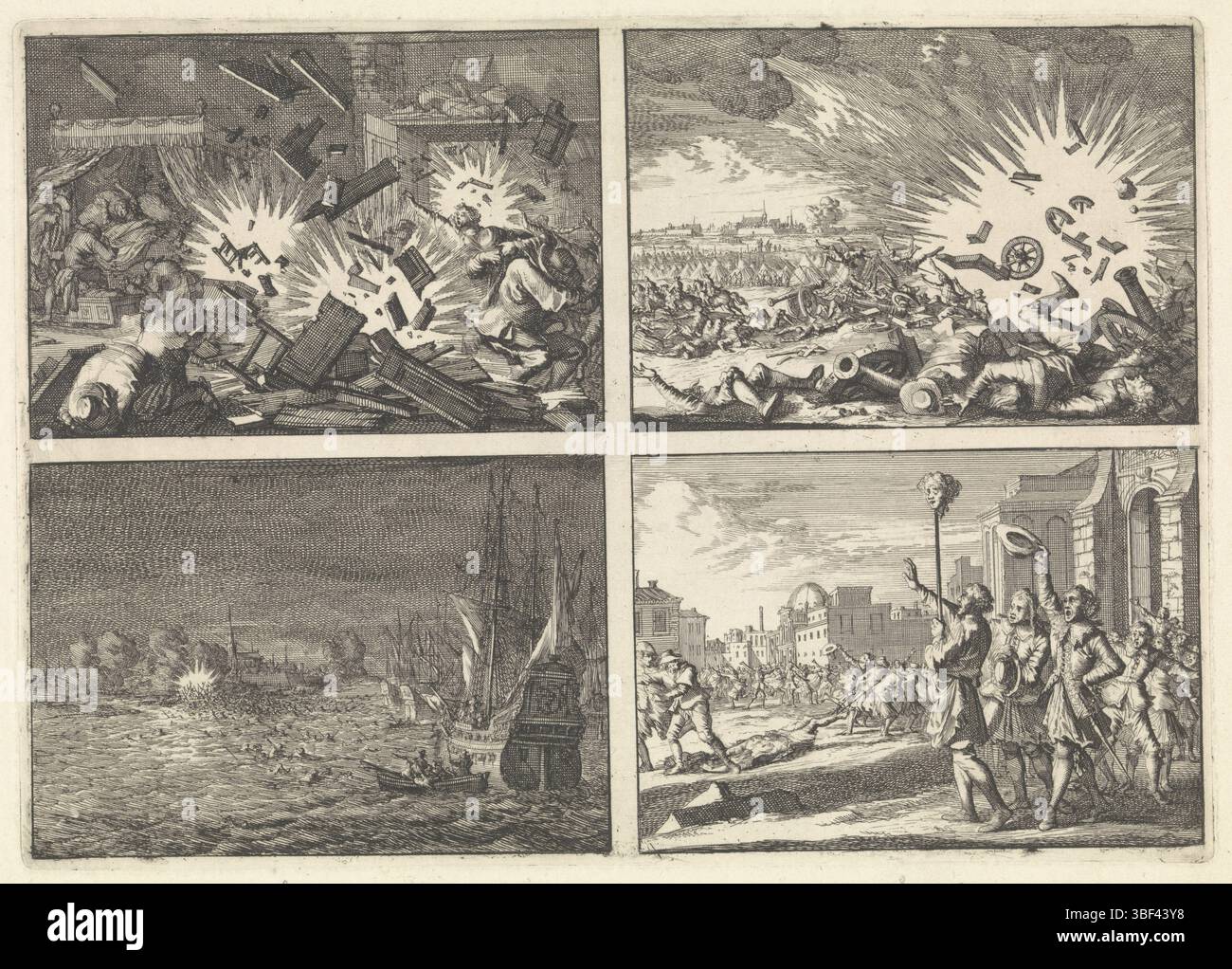 Amsterdam, Luyken, Caspar, während der Belagerung von Riga explodiert eine Bombe in einem Haus, 1656, Explosion eines französischen Schießpulverlagers während der Belagerung von Namur, 1640, Ostende erobert von den Spaniern auf den Franzosen, 1658, Kopf des getöteten Masaniello wird in Neapel auf einem Gipfel herumgetragen, 1647, Amsterdam, verso - gestempelt, ungeschnittenes Blatt mit vier Drucken., Höhe 220 mm, Breite 311 mm, Noord-Nederlands, 18.12.1672, 1708.10.04, Druckerei, 1698.1698, Papier, Ätzen, Ätzen Stockfoto