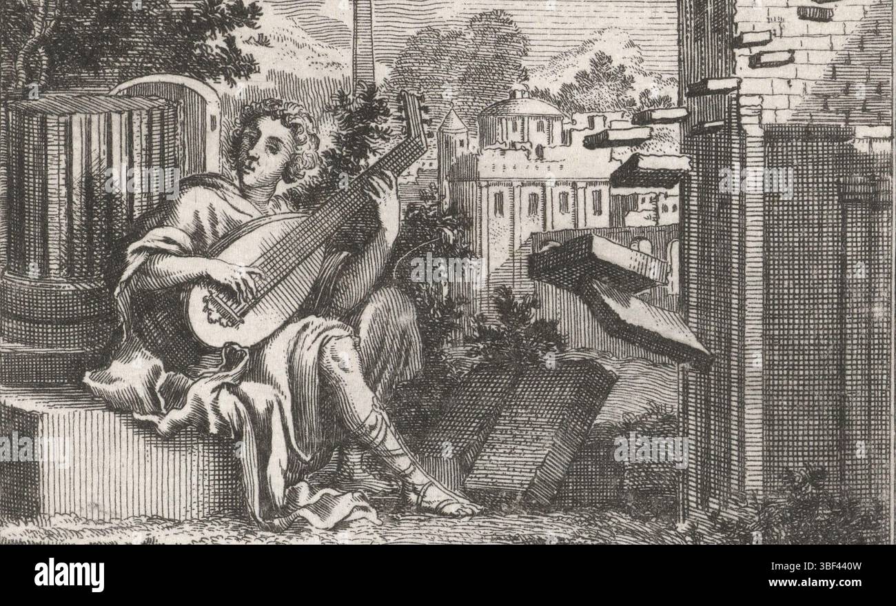 Amsterdam, Goeree, Willem, Chauveau, Francois, Amsterdam, Luyken, Jan, Amphion, Spiel auf einer Laute an den Wänden von Thebe, Verso - gestempelt, gedruckt, Buchillustration, Drucke, Höhe 62 mm, Breite 83 mm, Noord-Nederlands, 16. 04.1649 - 1712-04-05, Druckmaschine, 1681 - 1681, Papier, Ätzen, Werkkonzeption, Frans, 10.05.1613, 1676-02-03, naar Print van, Publikation (Veranstaltung), Publikation, 11.12.1635, 1711-05-03, Herausgeber Stockfoto