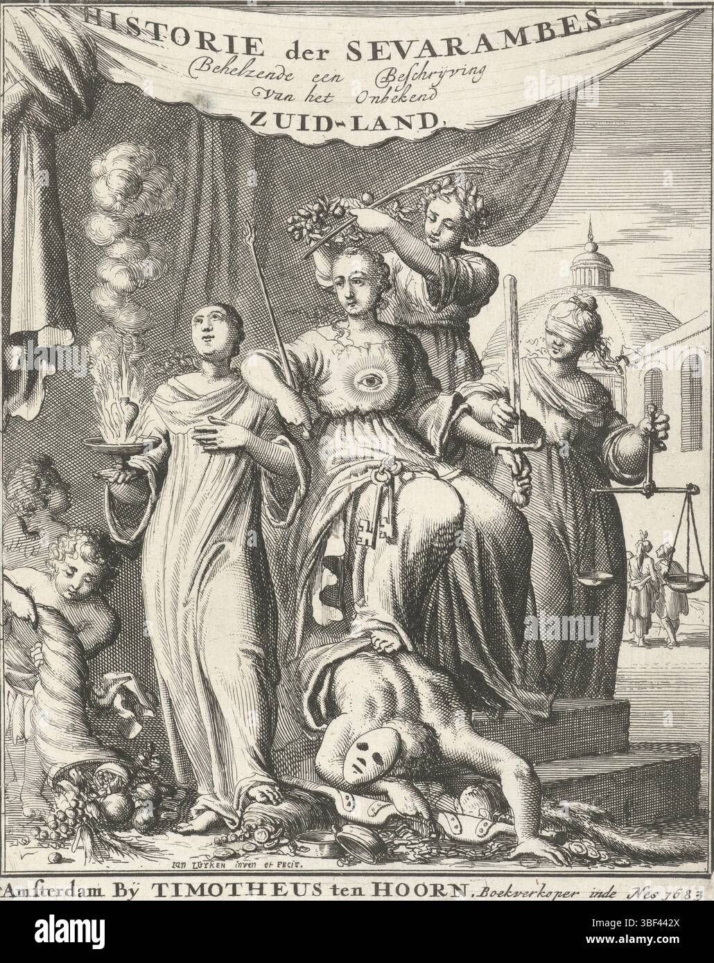 Amsterdam, Hoorn, Timotheus Ten, Luyken, Jan, Amsterdam, Homepage: D. Vairasse, Geschichte der Sevarambes, Völker, die in einem Teil des Darde Fixed Country leben, gemeinhin South Country genannt, 1683, allegorische Figur gekrönt durch den Frieden, verso-gestempelt, eine allegorische Frauenfigur, mit zwei Schlüsseln auf dem Knie und dem allegorischen Auge auf der Brust, wird vom Frieden gekrönt. Die Täuschung liegt mit einem Joch in den Händen unter ihrem Fuß. Auf der rechten Seite überreicht die Justiz der Thronfigur ein Schwert. Links ist der glaube mit einem brennenden Herzen auf Opferskala, neben ihr ein A Stockfoto