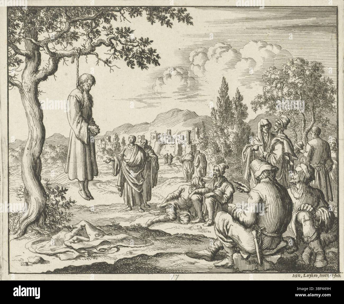 Amsterdam, Oossaan, Aart Dircksz., Amsterdam, Wybrants, Sander, Swart, Witwe Steven, Blom, Joannes, Bergh, Herman van den, Deyster, Jacobus van der, Luyken, Jan, Recto - Handschrift in Bleistift, Druck, Buchillustration, Drucke, Lucas aufgehängt auf einem Olivenbaum, rückwärts - gestempelt, 17, Höhe 117 mm, Breite 144 mm, Noord-Nederlands, 16. 04. 1649 - 05. 04. 1712, Druckerei, 1685 - 1685, Papier, Ätzen, Ätzen, Werkkonzeption, 1649-04-04-05, nach eigenem Entwurf, Publikation, Verlag, Publikation (Event), Ereignis Stockfoto