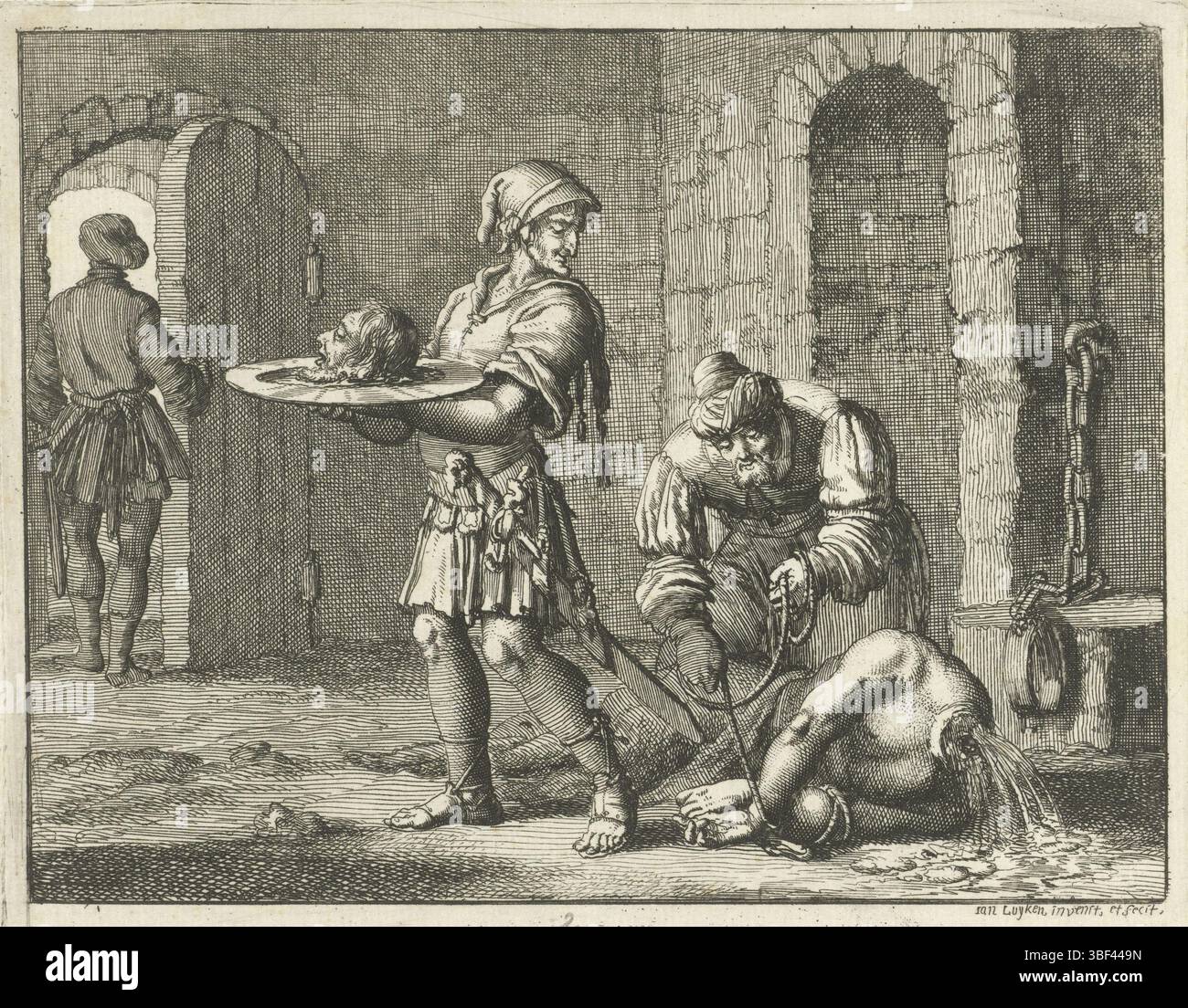 Amsterdam, Oossaan, Aart Dircksz., Amsterdam, Wybrants, Sander, Swart, Witwe Steven, Blom, Joannes, Bergh, Herman van den, Deyster, Jacobus van der, Luyken, Jan, Recto - Handschrift in Bleistift, Druck, Buchillustration, Drucke, Enthauptung van Johannes de doper, rückwärts - gestempelt, 2, Höhe 120 mm, Breite 150 mm, Noord-Nederlands, 16. 04. 1649 - 05. 04. 1712, Druckerei, 1685 - 1685, Papier, Ätzen, Ätzen, Werkkonzeption, 1649-04-04-05, nach eigenem Entwurf, Publikation, Verlag, Publikation (Event), Event Stockfoto