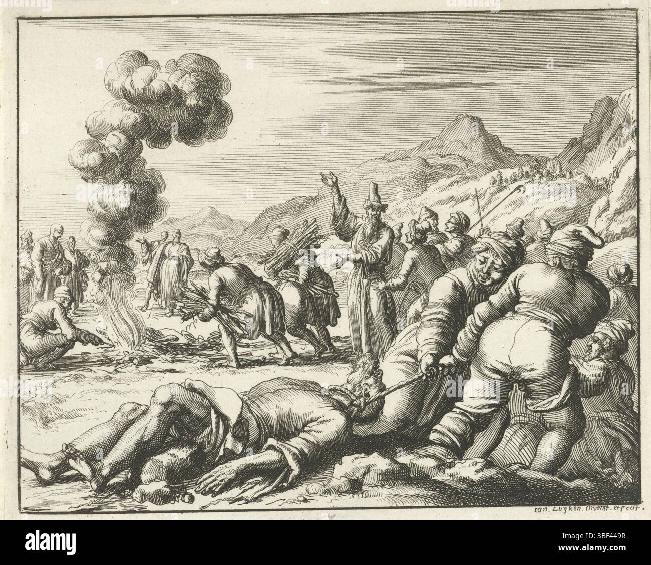 Amsterdam, Oossaan, Aart Dircksz., Amsterdam, Wybrants, Sander, Swart, Witwe Steven, Blom, Joannes, Bergh, Herman van den, Deyster, Jacobus van der, Luyken, Jan, Recto - Handschrift in Bleistift, Druck, Buchillustration, Drucke, Barnabas auf dem Weg zum Scheiterhaufen auf Zypern, rückwärts - gestempelt, 7, Höhe 122 mm, Breite 149 mm, Noord-Nederlands, 16. 04. 1649 - 05. 04. 1712, Druckerei, 1685 - 1685, Papier, Ätzen, Work Conception, nach eigenem Entwurf, Publikation, Publikation (Event), Event, Nederlands, Stockfoto