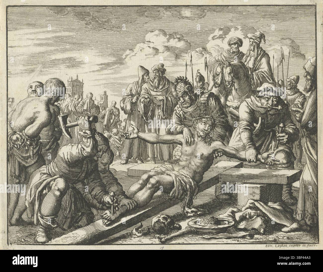 Amsterdam, Oossaan, Aart Dircksz., Amsterdam, Wybrants, Sander, Swart, Witwe Steven, Blom, Joannes, Bergh, Herman van den, Deyster, Jacobus van der, Luyken, Jan, Recto - Handschrift in Bleistift, Druck, Kreuzigung Christi, rückwärts - gestempelt, 1, Höhe 119 mm, Breite 150 mm, Noord-Nederlands, 16. 04.1649 - 1712-04-05, Druckmaschine, 1685 - 1685, Papier, Ätzen, Werkkonzeption, 1649-04-04-05, nach eigenem Entwurf, Veröffentlichung, Verlag, Veröffentlichung, Veröffentlichung (Event), Verlagswesen, E.. Stockfoto