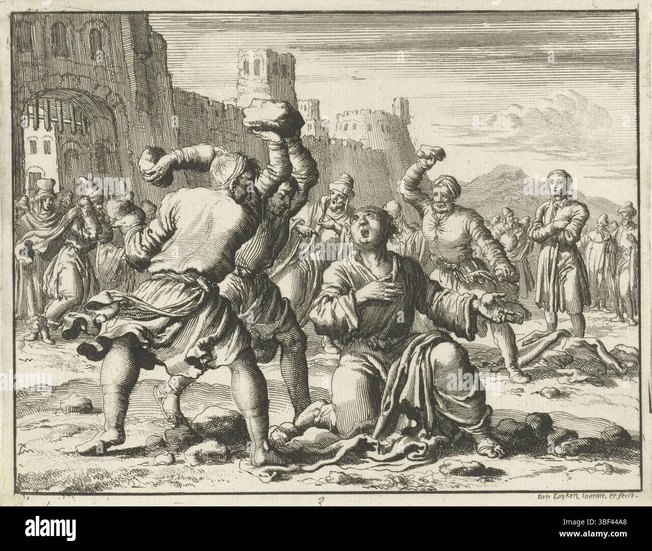 Amsterdam, Oossaan, Aart Dircksz., Amsterdam, Wybrants, Sander, Swart, Witwe Steven, Blom, Joannes, Bergh, Herman van den, Deyster, Jacobus van der, Luyken, Jan, Recto - Handschrift in Bleistift, Druck, Buchillustration, Drucke, Steniging van Stefanus, verso - gestanzt, 3, Höhe 120 mm, Breite 150 mm, Noord-Nederlands, 16. April 1649 - 05.04.1712, Druckerei, 1685 - 1685, Papier, Ätzen, etsen, Werkkonzeption, 05.04.1649, nach eigenem Entwurf, Publikation, Verlag, Publikation (Event), Event Stockfoto