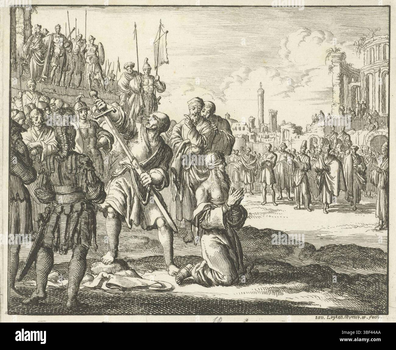 Amsterdam, Oossaan, Aart Dircksz., Amsterdam, Wybrants, Sander, Swart, Witwe Steven, Blom, Joannes, Bergh, Herman van den, Deyster, Jacobus van der, Luyken, Jan, Recto - Handschrift mit Bleistift, Druck, Buchillustration, Drucke, Enthauptung van Paulus, verso - gestanzt, 10, Höhe 121 mm, Breite 145 mm, Noord-Nederlands, 16. April 1649 - 05.04.1712, Druckerei, 1685 - 1685, Papier, Ätzen, Werkkonzeption, 05.04.1649, nach eigenem Entwurf (Event), Publikation, Verlag, Publikation (Event), Stockfoto