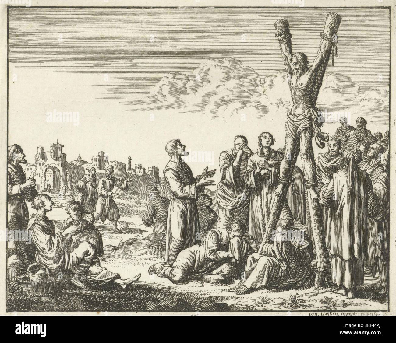 Amsterdam, Oossaan, Aart Dircksz., Amsterdam, Wybrants, Sander, Swart, Witwe Steven, Blom, Joannes, Bergh, Herman van den, Deyster, Jacobus van der, Luyken, Jan, Recto - Handschrift in Bleistift, Druck, Buchillustration, Drucke, Marteldood van Andreas aan het kruis, rückwärts - gestempelt, 11, Höhe 120 mm, Breite 149 mm, Noord-Nederlands, 16. 04. 1649 - 05. 04. 1712, Druckerei, 1685 - 1685, Papier, Ätzen, Ätzen, Werkkonzeption, 1649-04-04-05, nach eigenem Entwurf, Publikation, Publikation, Verlag, Publikation (Event), Ereignis Stockfoto