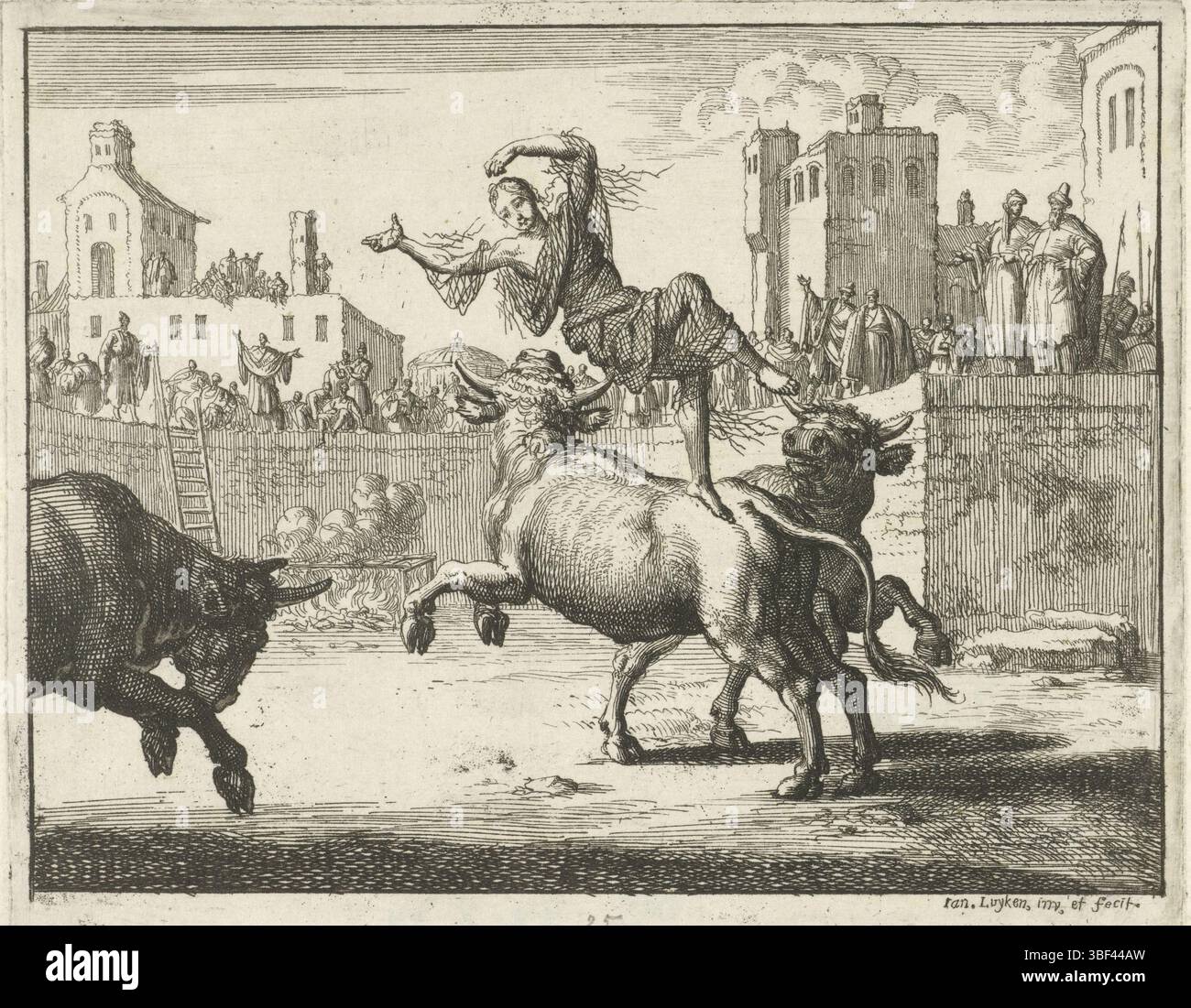 Amsterdam, Oossaan, Aart Dircksz., Amsterdam, Wybrants, Sander, Swart, Witwe Steven, Blom, Joannes, Bergh, Herman van den, Deyster, Jacobus van der, Luyken, Jan, Recto - Handschrift in Bleistift, Druck, Buchillustration, Drucke, Blangina getötet von einem Stier, rückwärts - gestempelt, 25, Höhe 119 mm, Breite 148 mm, Noord-Neders, 16. 04. 1649 - 05. 04. 1712, Druckerei, 1685 - 1685, Papier, Ätzen, Ätzen, Work Conception, Noord-Nederlands, 1649-04-05, nach eigenem Entwurf, Publikation (Event), Publikation, Publishing, Event, Eth. Stockfoto