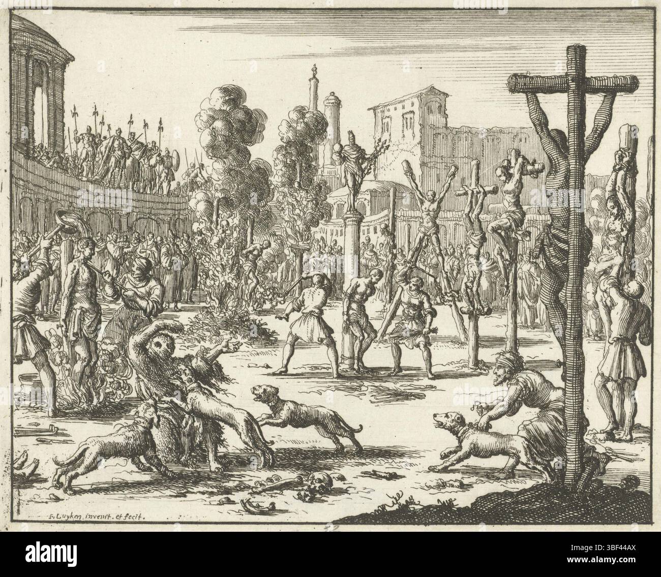 Amsterdam, Oossaan, Aart Dircksz., Amsterdam, Wybrants, Sander, Swart, Witwe Steven, Blom, Joannes, Bergh, Herman van den, Deyster, Jacobus van der, Luyken, Jan, Recto - Handschrift in Bleistift, Druck, Buchillustration, Drucke, Christenverfolgungen durch Kaiser Diokletian, rückwärts - gestempelt, 32, Höhe 119 mm, Breite 150 mm, Noord-Nederlands, 16. 04. 1649 - 05. 04. 1712, Druckerei, Druckerei, 1685 - 1685, Papier, Ätzen, Werkkonzeption, 1649-04-04-05, nach eigenem Entwurf, Publikation (Event), Publikation, Verlag, Publikation (Event, Eher usw. Stockfoto