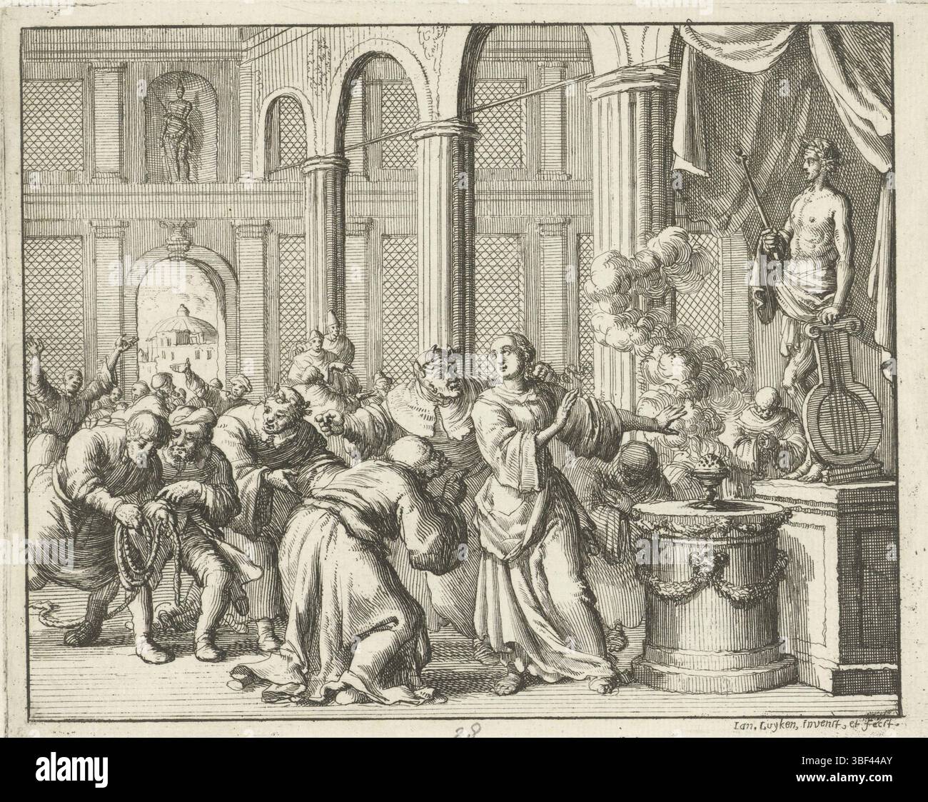 Amsterdam, Oossaan, Aart Dircksz., Amsterdam, Wybrants, Sander, Swart, Witwe Steven, Blom, Joannes, Bergh, Herman van den, Deyster, Jacobus van der, Luyken, Jan, Recto - Handschrift in Bleistift, Druck, Buchillustration, Drucke, Cointha weigert sich, Idole anzubieten, rückseitig - gestempelt, 28, Höhe 121 mm, Breite 148 mm, Noord-Nederlands, 16. 04. 1649 - 05. 04. 1712, Druckerei, 1685 - 1685, Papier, Ätzen, Ätzen, Werkkonzeption, 1649-04-05, nach eigenem Entwurf, Publikation, Verlag, Publikation (Event), Ereignis, Veröffentlichung. Stockfoto