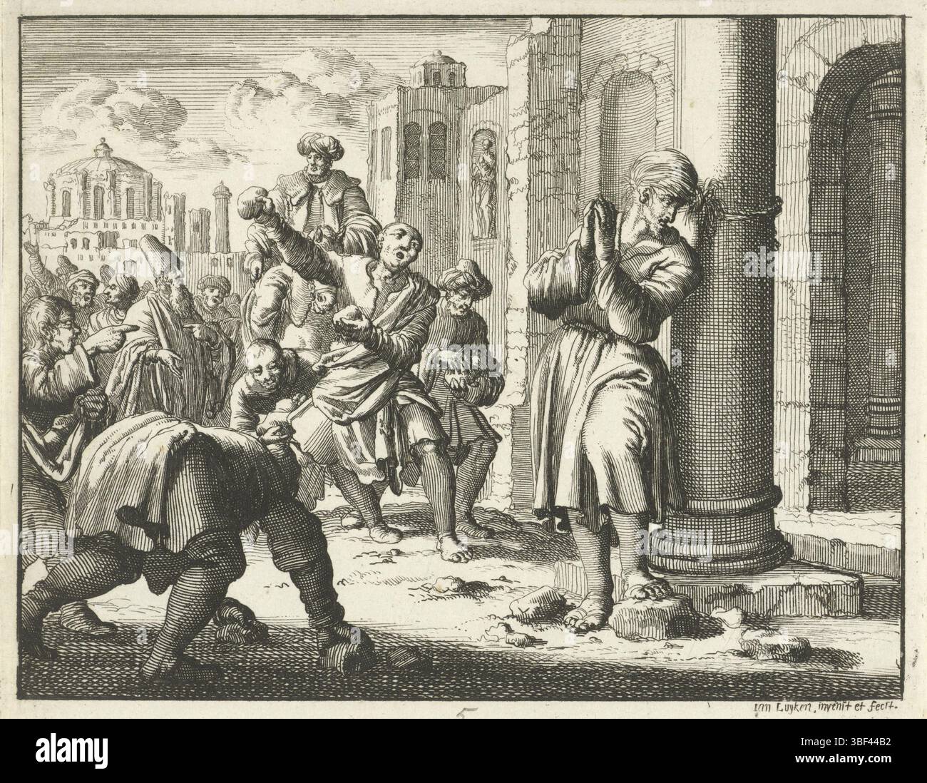 Amsterdam, Oossaan, Aart Dircksz., Amsterdam, Wybrants, Sander, Swart, Witwe Steven, Blom, Joannes, Bergh, Herman van den, Deyster, Jacobus van der, Luyken, Jan, Recto - Handschrift in Bleistift, Druck, Buchillustration, Drucke, Steniging van Filippus, verso - gestanzt, 5, Höhe 119 mm, Breite 150 mm, Noord-Nederlands, 16. April 1649 - 05.04.1712, Druckerei, 1685 - 1685, Papier, Ätzen, etsen, Werkkonzeption, 05.04.1649, nach eigenem Entwurf, Publikation, Verlag, Publikation (Event), Publikation (Event, Eher usw. Stockfoto