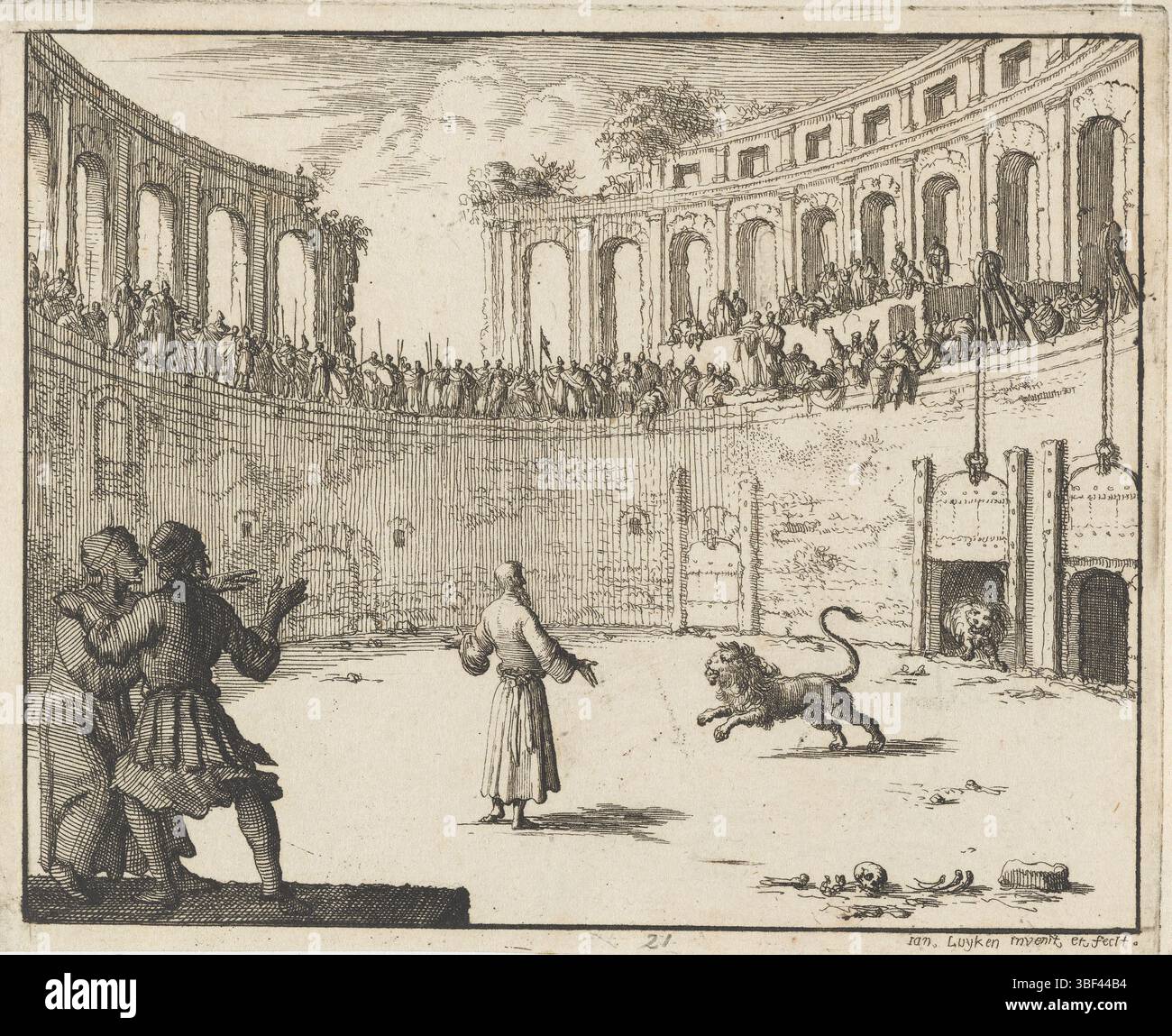 Amsterdam, Oossaan, Aart Dircksz., Amsterdam, Wybrants, Sander, Swart, Witwe Steven, Blom, Joannes, Bergh, Herman van den, Deyster, Jacobus van der, Luyken, Jan, Recto - Handschrift in Bleistift, Druck, Buchillustration, Drucke, Ignatius van Antiochie in de arena voor de lionen, rückwärts - gestempelt, 21, Höhe 117 mm, Breite 147 mm, Noord-Nederlands, 16. 04. 1649 - 05. 04. 1712, Druckerei, 1685 - 1685, Papier, Ätzen, Werkkonzeption, nach eigenem Entwurf, Publikation (Event), Publikation, Verlag, E.. Stockfoto