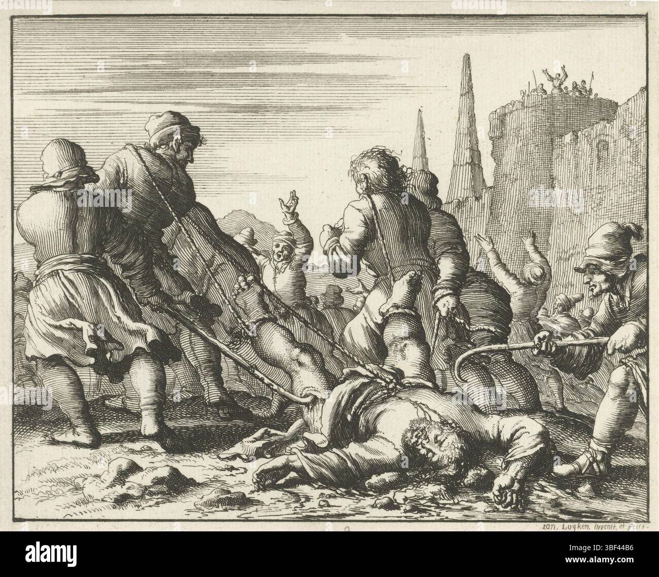 Amsterdam, Oossaan, Aart Dircksz., Amsterdam, Wybrants, Sander, Swart, Witwe Steven, Blom, Joannes, Bergh, Herman van den, Deyster, Jacobus van der, Luyken, Jan, Recto - Handschrift in Bleistift, Druck, Buchillustration, Drucke, Marcus zum Scheiterhaufen gezogen, rückwärts - gestempelt, 8, Höhe 121 mm, Breite 148 mm, Noord-Nederlands, 16. 04. 1649 - 05. 04. 1712, Druckerei, 1685 - 1685, Papier, Ätzen, Ätzen, Werkkonzeption, 05.04.1649, nach eigenem Entwurf, Publikation (Event), Publikation, Verlag usw. Stockfoto