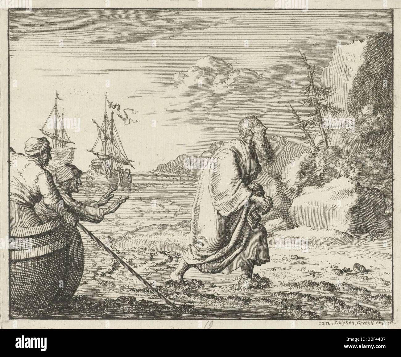 Amsterdam, Oossaan, Aart Dircksz., Amsterdam, Wybrants, Sander, Swart, Witwe Steven, Blom, Joannes, Bergh, Herman van den, Deyster, Jacobus van der, Luyken, Jan, Recto - Handschrift in Bleistift, Druck, Buchillustration, Drucke, Johannes de Evangelist naar Patmos verbannen, rückwärts - gestempelt, 19, Höhe 119 mm, Breite 146 mm, Noord-Nederlands, 16. 04. 1649 - 05. 04. 1712, Druckerei, 1685 - 1685, Papier, Ätzen, Werkkonzeption, nach eigenem Entwurf, Publikation (Event), Publikation, Verlag, Event, Nederlands, Stockfoto