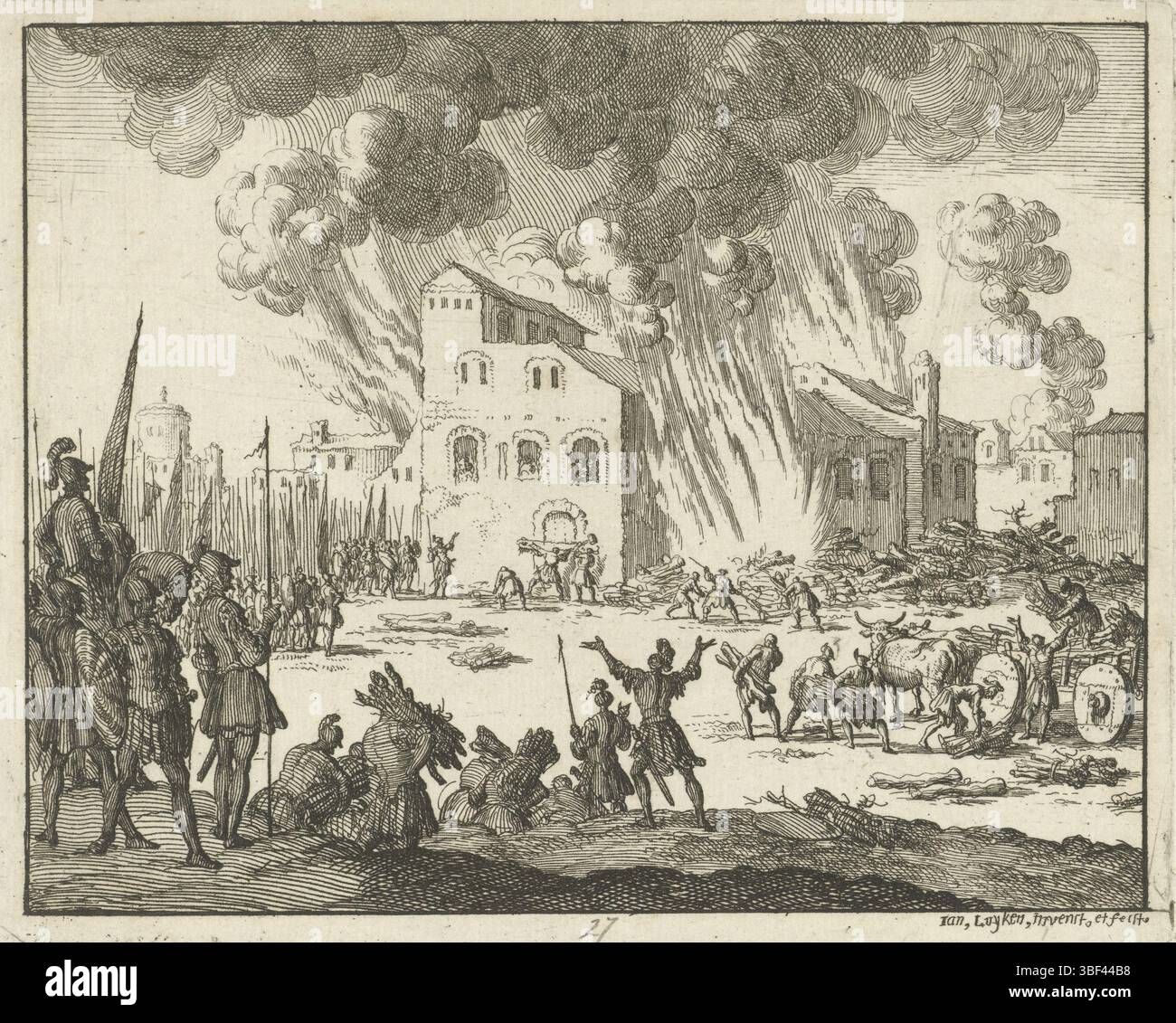 Amsterdam, Oossaan, Aart Dircksz., Amsterdam, Wybrants, Sander, Swart, Witwe Steven, Blom, Joannes, Bergh, Herman van den, Deyster, Jacobus van der, Luyken, Jan, Recto - Handschrift in Bleistift, Druck, Buchillustration, Drucke, brennende Kirche von Kaiser Maximinus, rückwärts - gestempelt, 27, Höhe 118 mm, Breite 147 mm, Noord-Nederlands, 16. 04. 1649 - 1712.04.05, Druckerei, Drucker, 1685 - 1685, Papier, Ätzen, Werkkonzeption, nach eigenem Entwurf, Publikation, Verlag, Publikation (Event), Veranstaltung, Nederlands Stockfoto