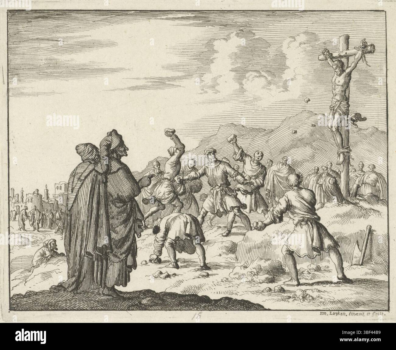 Amsterdam, Oossaan, Aart Dircksz., Amsterdam, Wybrants, Sander, Swart, Witwe Steven, Blom, Joannes, Bergh, Herman van den, Deyster, Jacobus van der, Luyken, Jan, Recto - Handschrift in Bleistift, Druck, Buchillustration, Drucke, Kreuzigung von Matthias, verso - gestanzt, 16, Höhe 117 mm, Breite 147 mm, Noord-Nederlands, 16. April 1649 - 05.04.1712, Druckerei, 1685 - 1685, Papier, Ätzen, etsen, Werkkonzeption, 05.04.1649, nach eigenem Entwurf, Publikation, Verlag, Publikation (Event), Stockfoto