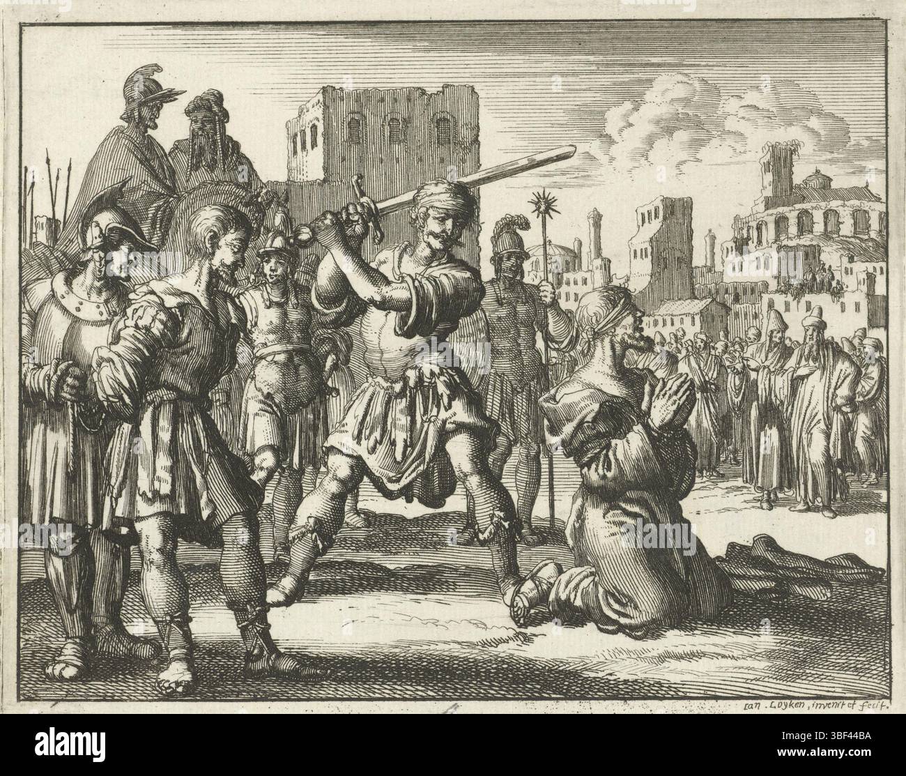 Amsterdam, Oossaan, Aart Dircksz., Amsterdam, Wybrants, Sander, Swart, Witwe Steven, Blom, Joannes, Bergh, Herman van den, Deyster, Jacobus van der, Luyken, Jan, Recto - Handschrift in Bleistift, Druck, Buchillustration, Drucke, Enthauptung van Jakobus de Meerdere, rückwärts - gestempelt, 4, Höhe 119 mm, Breite 147 mm, Noord-Nederlands, 16. 04. 1649 - 05. 04. 1712, Druckerei, 1685 - 1685, Papier, Ätzen, Ätzen, Werkkonzeption, 1649-04-05, nach eigenem Entwurf, Publikation, Verlag, Publikation (Event), Event, E. Stockfoto