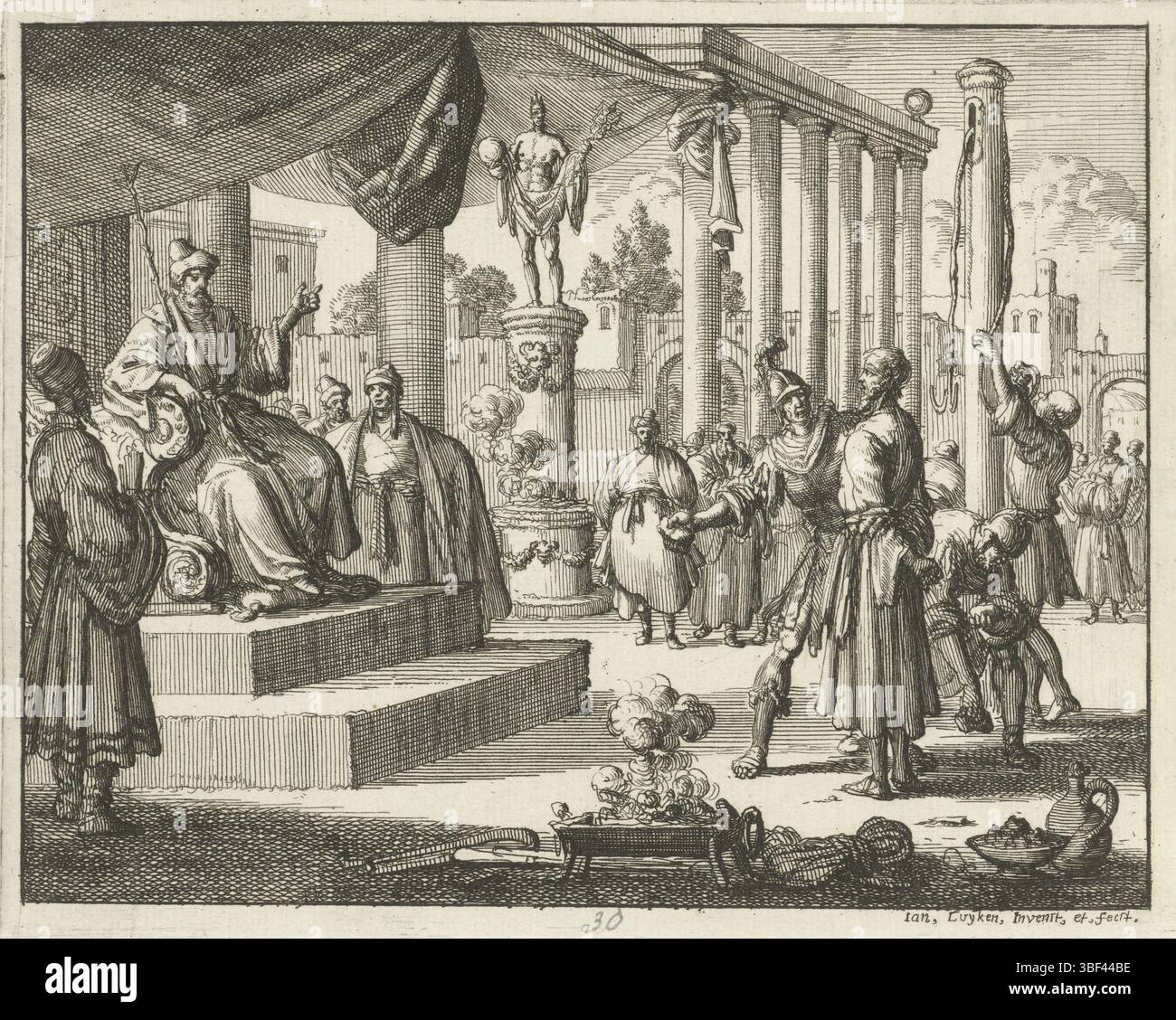 Amsterdam, Oossaan, Aart Dircksz., Amsterdam, Wybrants, Sander, Swart, Witwe Steven, Blom, Joannes, Bergh, Herman van den, Deyster, Jacobus van der, Luyken, Jan, Recto - Handschrift in Bleistift, Druck, Buchillustration, Drucke, Taracus während seines Interviews mit einem Stein geschlagen, rückwärts - gestempelt, 30, Höhe 117 mm, Breite 144 mm, Noord-Nederlands, 16. 04. 1649 - 05. 04. 1712, Druckerei, 1685 - 1685, Papier, Ätzen, Konzeption, nach eigenem Entwurf, Publikation (Event), Publikation, Publishing, Eher, Eher. Stockfoto