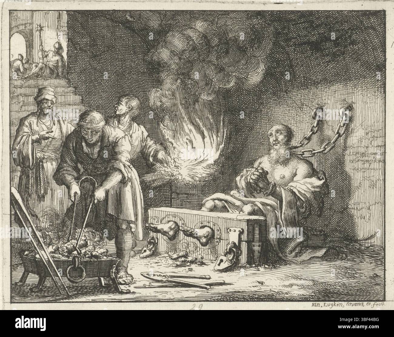 Amsterdam, Oossaan, Aart Dircksz., Amsterdam, Wybrants, Sander, Swart, Witwe Steven, Blom, Joannes, Bergh, Herman van den, Deyster, Jacobus van der, Luyken, Jan, Recto - Handschrift in Bleistift, Druck, Buchabbildung, Drucke, Origens im Gefängnis mit Feuermalerei, rückwärts - gestempelt, 29, Höhe 115 mm, Breite 147 mm, Noord-Nederlands, 16. 04. 1649 - 05. 04. 1712, Druckerei, 1685 - 1685, Papier, Ätzen, Werkkonzeption, nach eigenem Entwurf, Publikation, Publikation (Ereignis), Veranstaltung, Nederlands Stockfoto