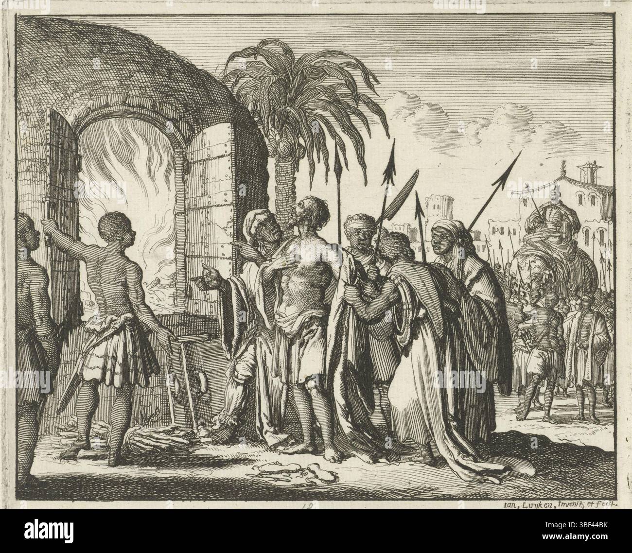 Amsterdam, Oossaan, Aart Dircksz., Amsterdam, Wybrants, Sander, Swart, Witwe Steven, Blom, Joannes, Bergh, Herman van den, Deyster, Jacobus van der, Luyken, Jan, Recto - Handschrift in Bleistift, Druck, Buchillustration, Drucke, Thomas, im Ofen gegossen, verso - gestanzt, 13, Höhe 121 mm, Breite 148 mm, Noord-Nederlands, 16. 04. 1649 - 05. 04. 1712, Druckerei, 1685 - 1685, Papier, Ätzen, Ätzen, Werkkonzeption, 1649-04-04-05, nach eigenem Entwurf, Publikation, Verlag, Publikation (Event), Publikation Stockfoto