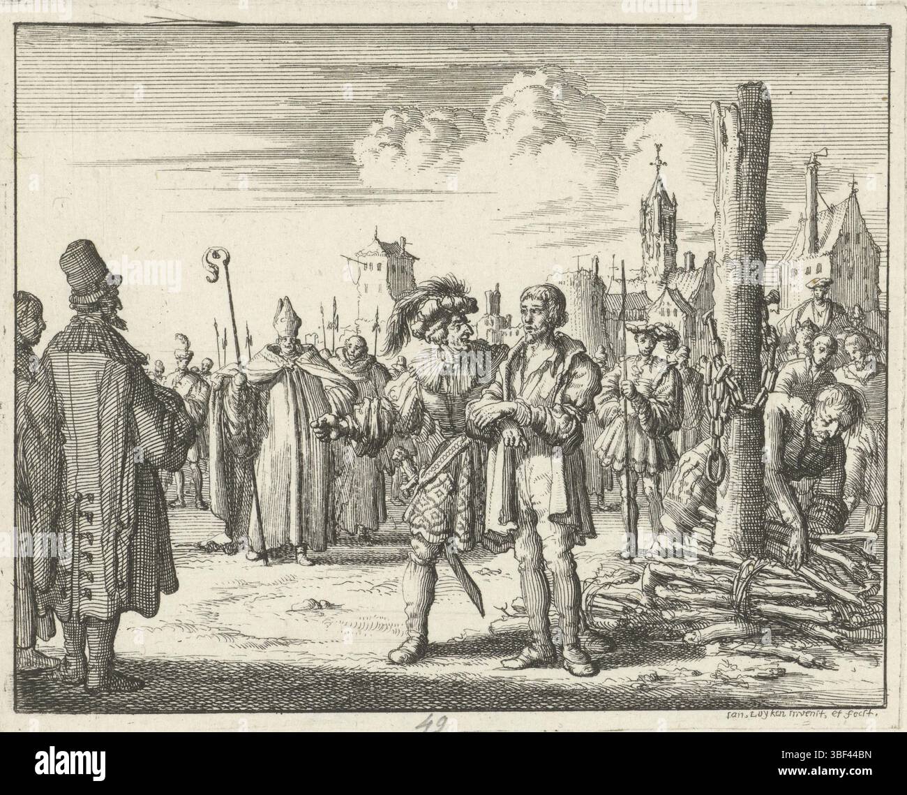 Amsterdam, Oossaan, Aart Dircksz., Amsterdam, Wybrants, Sander, Swart, Witwe Steven, Blom, Joannes, Bergh, Herman van den, Deyster, Jacobus van der, Luyken, Jan, Recto - Handschrift in Bleistift, Druck, Buchillustration, Drucke, William White, Norwich für den Scheiterhaufen, verso - gestempelt, 49, Höhe 114 mm, Breite 143 mm, Noord-Nederlands, 16. 04. 1649 - 05. 04. 1712, Druckerei, 1685 - 1685, Papier, Ätzen, Ätzen, Werkkonzeption, nach eigenem Entwurf, Publikation, Verlag, Publikation (Event), Event Stockfoto