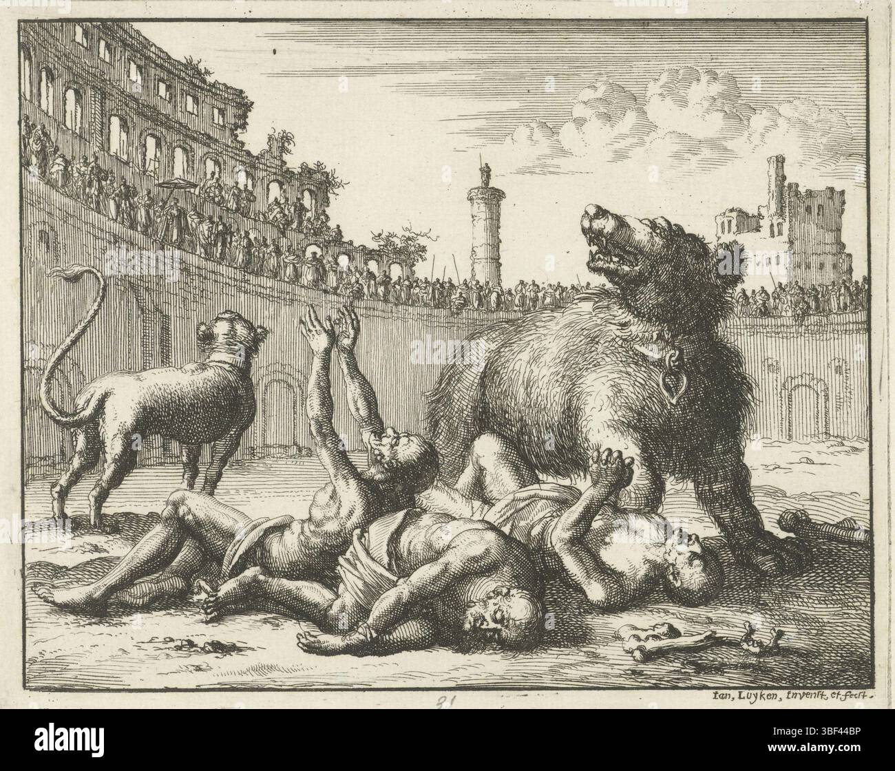 Amsterdam, Oossaan, Aart Dircksz., Amsterdam, Wybrants, Sander, Swart, Witwe Steven, Blom, Joannes, Bergh, Herman van den, Deyster, Jacobus van der, Luyken, Jan, Recto - Handschrift in Bleistift, Druck, Buchillustration, Drucke, Taracus, ProBus und Andronicus in der Arena von einem Bären verschont, rückseitig gestempelt, 31, Höhe 119 mm, Breite 149 mm, Noord-Nederlands, 16. 04. 1649 - 05. 04. 1712, Druckerei, 1685 - 1685, Papier, Ätzen, Ätzen, Arbeitskonzept, nach eigenem Entwurf, Publikation (Event), Publikation, Publishing, E.. Stockfoto