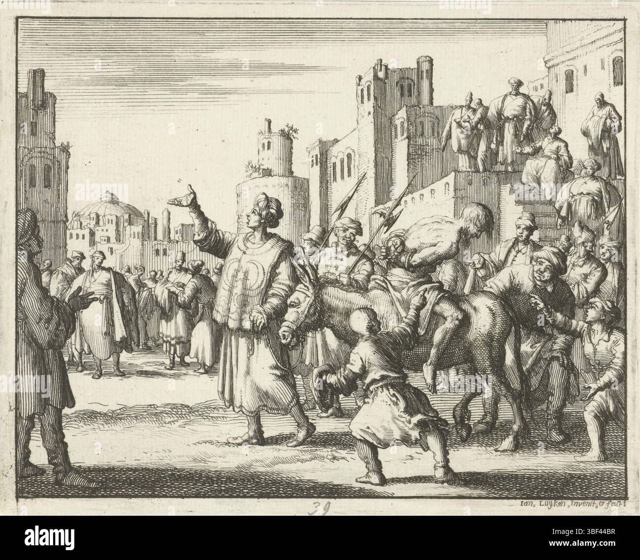 Amsterdam, Oossaan, Aart Dircksz., Amsterdam, Wybrants, Sander, Swart, Witwe Steven, Blom, Joannes, Bergh, Herman van den, Deyster, Jacobus van der, Luyken, Jan, Recto - Handschrift in Bleistift, Druck, Johannes, Kaufmann in Cordovan, wird rückwärts von der Stadt ausgeführt, rückwärts - gestempelt, 39, Höhe 116 mm, Breite 144 mm, Noord-Nederlands, 16. 04. 1649 - 05. 04. 1712, Druckerei, 1685 - 1685, Papier, Ätzen, Ätzen, Werkkonzeption, 1649-04-04-05, nach eigenem Entwurf, Publikation, Event, E.. Stockfoto