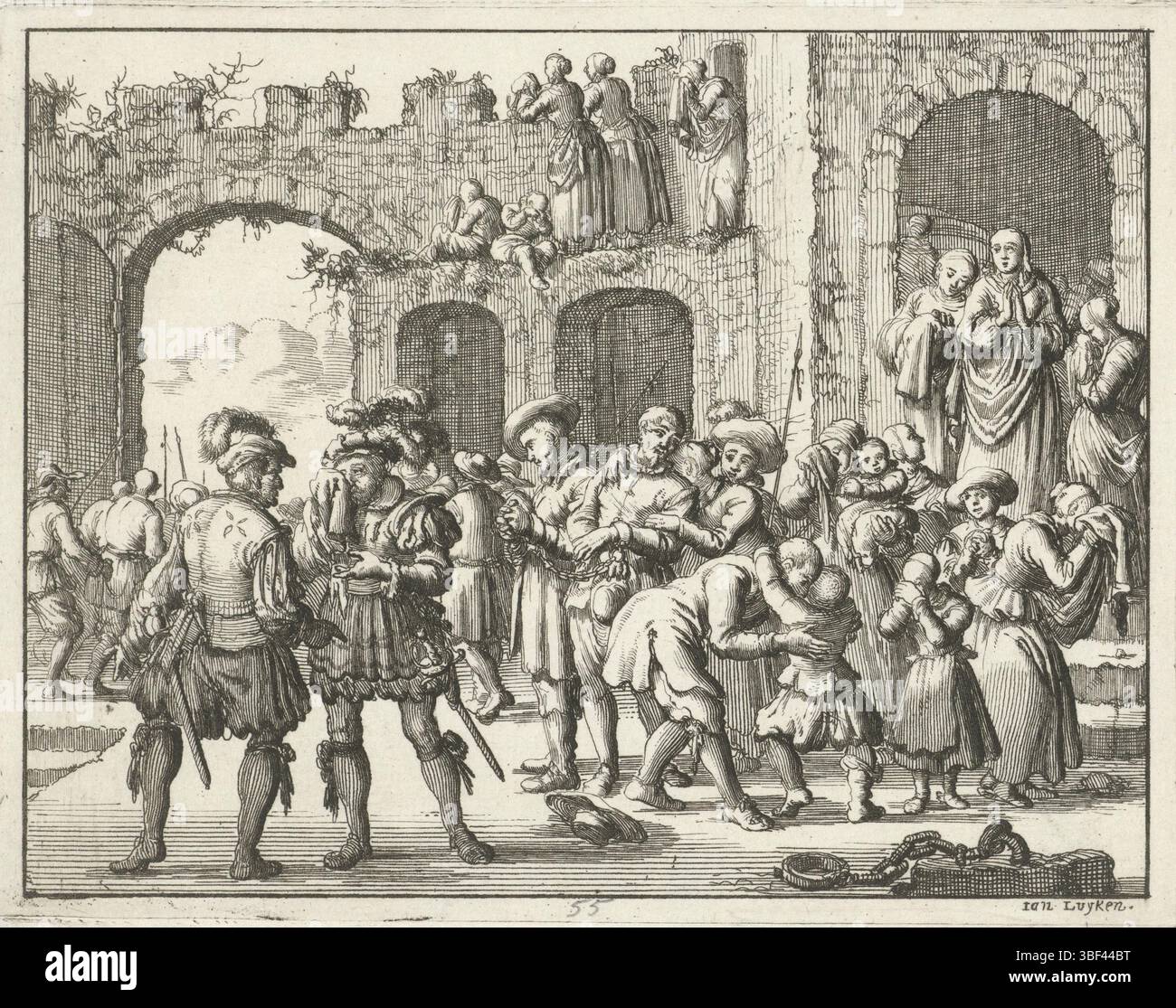 Amsterdam, Oossaan, Aart Dircksz., Amsterdam, Wybrants, Sander, Swart, Witwe Steven, Blom, Joannes, Bergh, Herman van den, Deyster, Jacobus van der, Luyken, Jan, Recto - Handschrift in Bleistift, Druck, Buchillustration, Drucke, angekettete Repeater in Österreich verabschieden sich von ihren Familien, 1540, rückseitig gestempelt, 55, Höhe 115 mm, Breite 148 mm, Noord-Nederlands, 16.04.1649 - 1712-04-05, Drucker, 1685 - 1685, Papier, Ätzen, Ätzen, Werkkonzeption, nach ihrem eigenen Entwurf, Publikation (Event), Publikation, Publishing, Eher Stockfoto