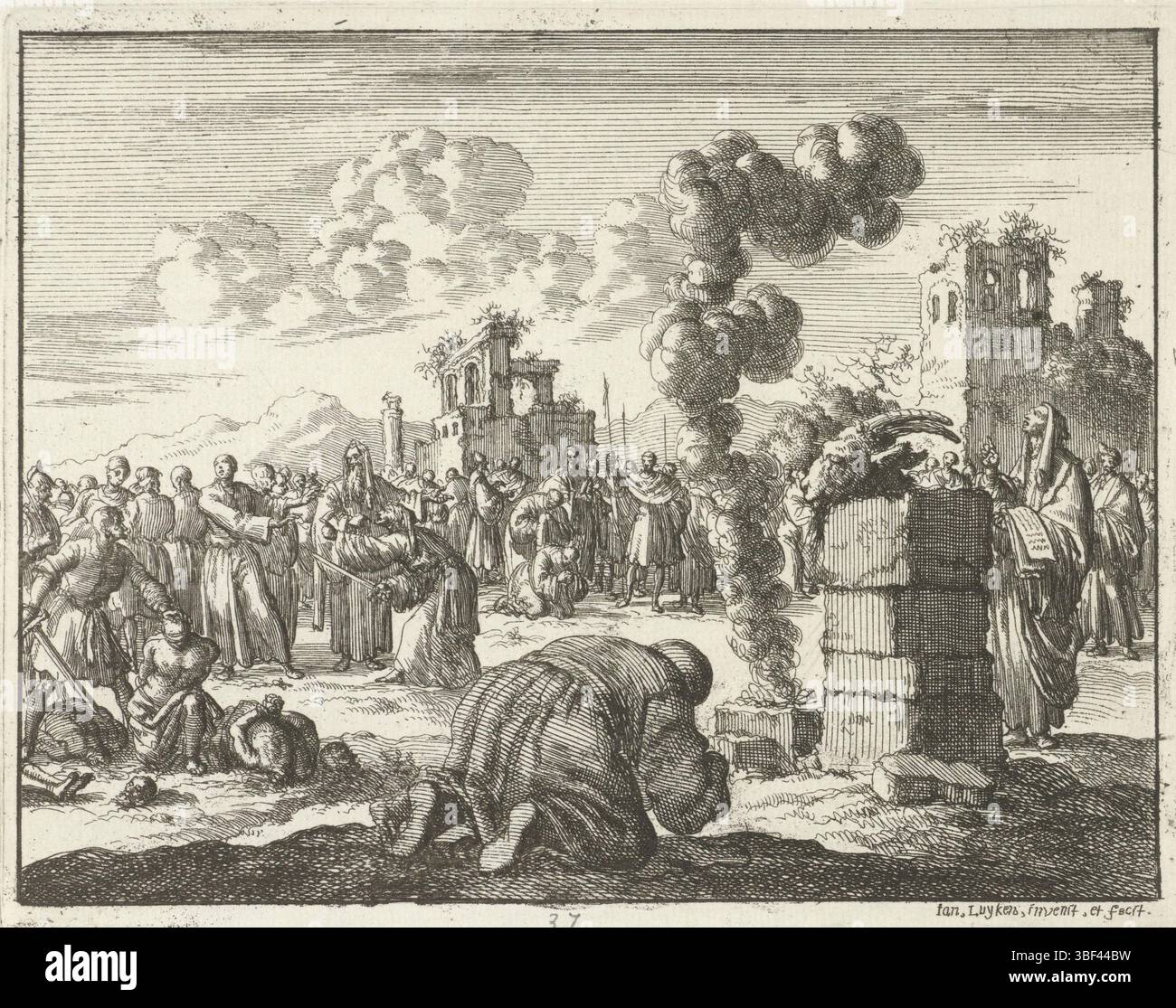 Amsterdam, Oossaan, Aart Dircksz., Amsterdam, Wybrants, Sander, Swart, Witwe Steven, Blom, Joannes, Bergh, Herman van den, Deyster, Jacobus van der, Luyken, Jan, Recto - Handschrift in Bleistift, Druck, Buchillustration, Drucke, Christen getötet von Longobarden, weil sie sich weigern, an der Opfergabe eines Ziegenbocks teilzunehmen, verso - gestempelt, 37, Höhe 116 mm, Breite 151 mm, Noord-Nederlands, 16. 04. 1649 - 05. 04. 1712, Druckerei, 1685 - 1685, Papier, Ätzen, Ätzen, Werkkonzeption, 1649-04-04-05, nach eigenem Entwurf, Publikation (Event), Publikation, E.. Stockfoto