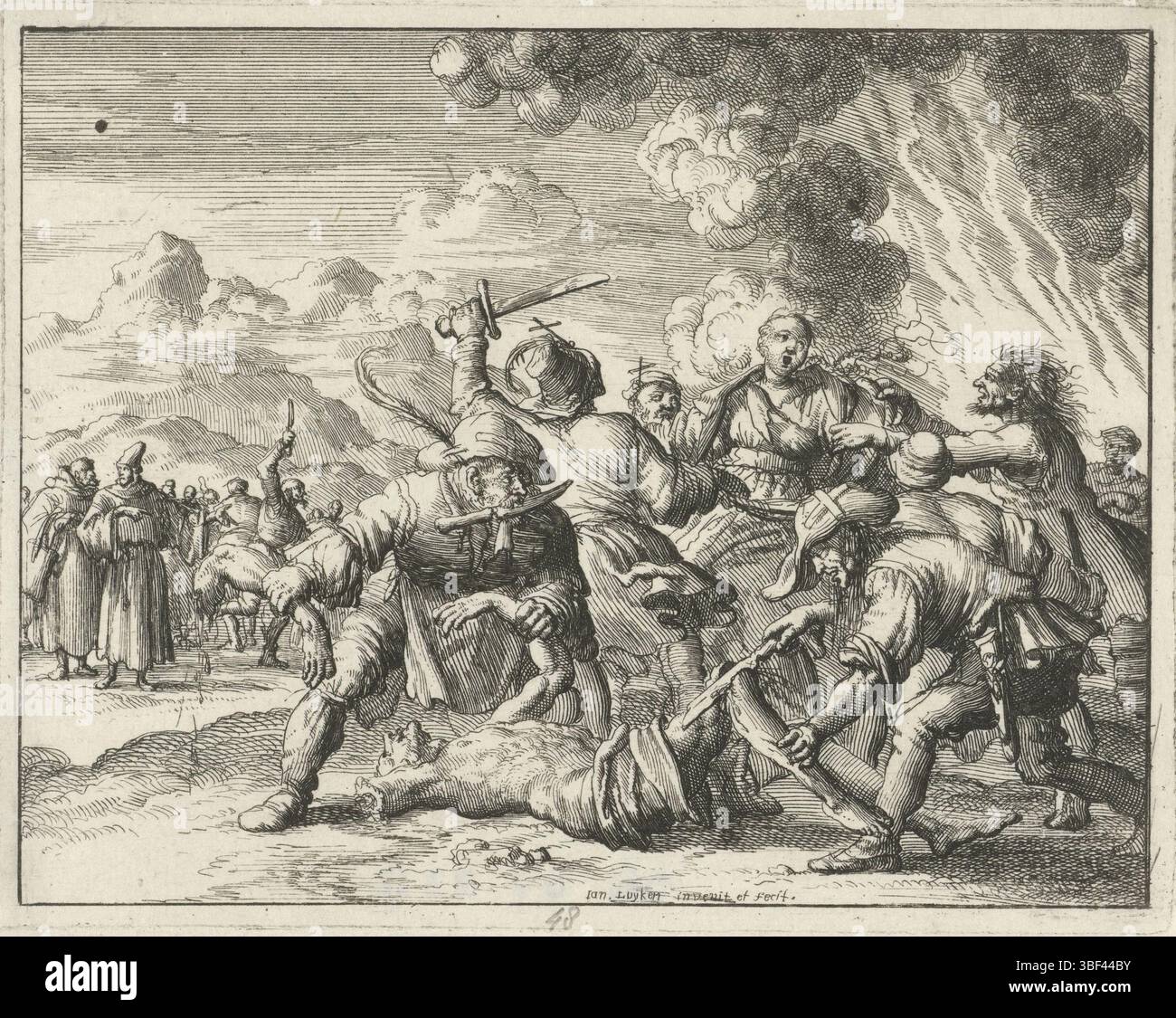 Amsterdam, Oossaan, Aart Dircksz., Amsterdam, Wybrants, Sander, Swart, Witwe Steven, Blom, Joannes, Bergh, Herman van den, Deyster, Jacobus van der, Luyken, Jan, Recto - Handschrift in Bleistift, Druck, Buchabbildung, Drucke, Dulcinus und Margaretha te Novara ermordet, rückwärts - gestempelt, 48, Höhe 113 mm, Breite 142 mm, Noord-Nederlands, 16. 04. 1649 - 1712.04.05, Drucker, 1685 - 1685, Papier, Ätzen, Arbeitskonzept, 1649-04-16, nach eigenem Entwurf, Publikation, Publikation (Event), Veranstaltung, Stockfoto