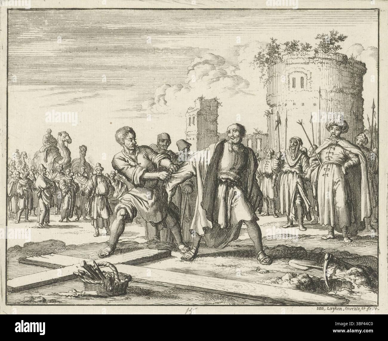 Amsterdam, Oossaan, Aart Dircksz., Amsterdam, Wybrants, Sander, Swart, Witwe Steven, Blom, Joannes, Bergh, Herman van den, Deyster, Jacobus van der, Luyken, Jan, Recto - Handschrift in Bleistift, Druck, Buchillustration, Drucke, Simon Zelotes entkleidet seine Kleidung für die Kreuzigung, rückwärts - gestempelt, 15, Höhe 120 mm, Breite 148 mm, Noord-Nederlands, 16. 04. 1649 - 05. 04. 1712, Druckerei, 1685 - 1685, Papier, Ätzen, Work Conception, nach eigenem Entwurf, Publikation (Event), Publikation, Herausgeber, Event, Nederlands Stockfoto