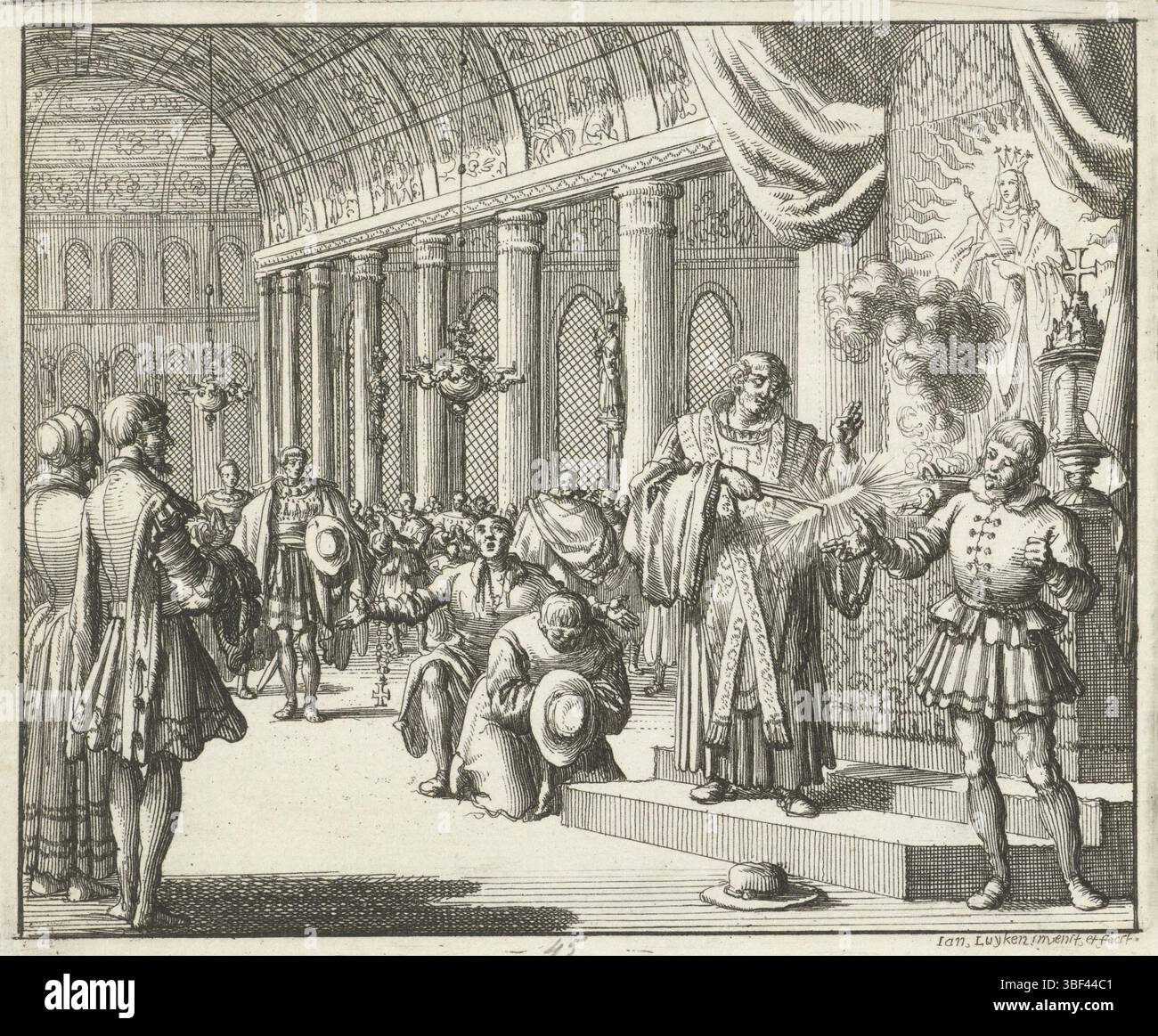 Amsterdam, Oossaan, Aart Dircksz., Amsterdam, Wybrants, Sander, Swart, Witwe Steven, Blom, Joannes, Bergh, Herman van den, Deyster, Jacobus van der, Luyken, Jan, Recto - Handschrift in Bleistift, Druck, Buchabbildung, Drucke, Gottes Urteil auf die Waldenzen mit glühendem Eisen, rückwärts - gestempelt, 45, Höhe 117 mm, Breite 141 mm, Noord-Nederlands, 16. 04. 1649 - 05. 04. 1712, Druckerei, 1685 - 1685, Papier, Ätzen, Werkkonzeption, nach eigenem Entwurf, Publikation (Event), Publikation, Verlag, Publikation (Eher, Eher, Ehers, Nederlands Stockfoto