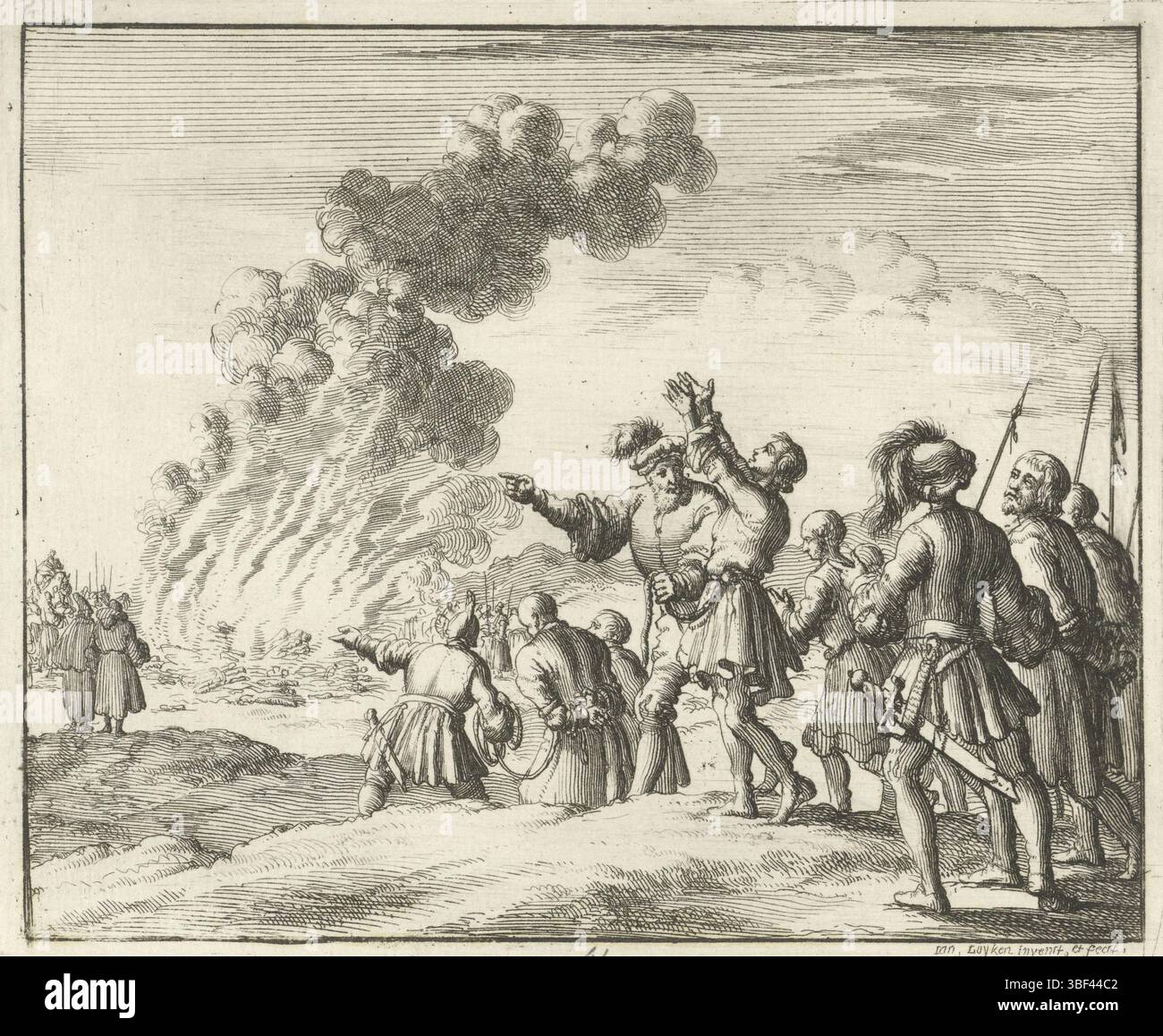 Amsterdam, Oossaan, Aart Dircksz., Amsterdam, Wybrants, Sander, Swart, Witwe Steven, Blom, Joannes, Bergh, Herman van den, Deyster, Jacobus van der, Luyken, Jan, Recto - Handschrift in Bleistift, Druck, Buchillustration, Drucke, Ketters von Orléans an den Scheiterhaufen verfüttert, rückwärts - gestempelt, 41, Höhe 119 mm, Breite 142 mm, Noord-Nederlands, 16. 04. 1649 - 1712.04.05, Drucker, 1685 - 1685, Papier, Ätzen, Arbeitskonzept, nach eigenem Entwurf, Publikation, Publikation (Event), Veranstaltung, Nederlands Stockfoto