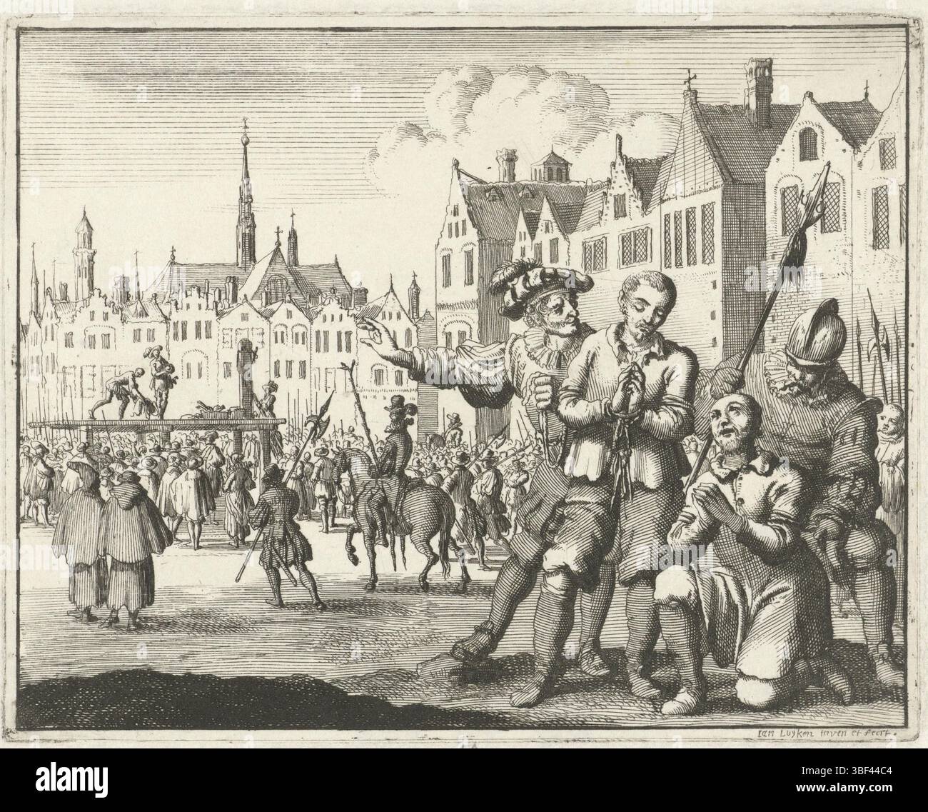 Amsterdam, Oossaan, Aart Dircksz., Amsterdam, Wybrants, Sander, Swart, Witwe Steven, Blom, Joannes, Bergh, Herman van den, Deyster, Jacobus van der, Luyken, Jan, Recto - Handschrift in Bleistift, Druck, Buchillustration, Drucke, Hans Koch und Leonhard Meister auf dem Weg zum Scavot, 1524, vero - gestempelt, 50, Höhe 115 mm, Breite 145 mm, Noord-Nederlands, 16.04.1649 - 1712-04-05, Drucker, 1685 - 1685, Papier, Ätzen, Werkkonzeption, nach eigenem Entwurf, Publikation (Event), Publikation, Verlag, E.. Stockfoto