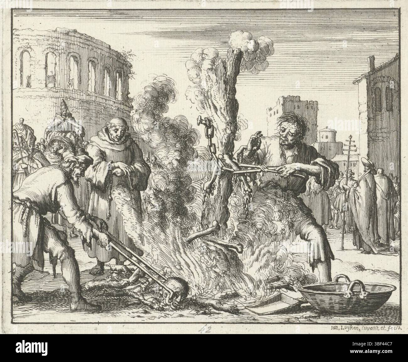 Amsterdam, Oossaan, Aart Dircksz., Amsterdam, Wybrants, Sander, Swart, Witwe Steven, Blom, Joannes, Bergh, Herman van den, Deyster, Jacobus van der, Luyken, Jan, Recto - Handschrift in Bleistift, Druck, Buchillustration, Drucke, Überreste Arnoldus sind vom Feuerwerk in Rom abgetrennt, rückseitig gestempelt, 42, Höhe 116 mm, Breite 142 mm, Noord-Nederlands, 16. 04. 1649 - 05. 04. 1712, Druckerei, 1685 - 1685, Papier, Ätzen, Werkkonzeption, nach eigenem Entwurf, Publikation (Event), Publikation, Publishing, E.. Stockfoto