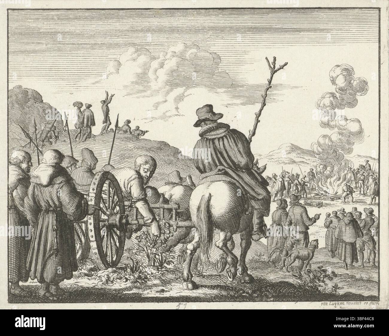 Amsterdam, Oossaan, Aart Dircksz., Amsterdam, Wybrants, Sander, Swart, Witwe Steven, Blom, Joannes, Bergh, Herman van den, Deyster, Jacobus van der, Luyken, Jan, Recto - Handschrift in Bleistift, Druck, Buchillustration, Drucke, Leonhard Kaiser auf dem Weg zum Scheiterhaufen, 1527, rückwärts - gestempelt, 51, Höhe 115 mm, Breite 146 mm, Noord-Nederlands, 16.04.1649 - 1712-04-05, Druckmaschine, Drucker, 1685 - 1685, Papier, Ätzen, Werkkonzeption, 1649-04-16-16, nach eigenem Entwurf, Publikation (Event), Publikation, Verlag, Stockfoto